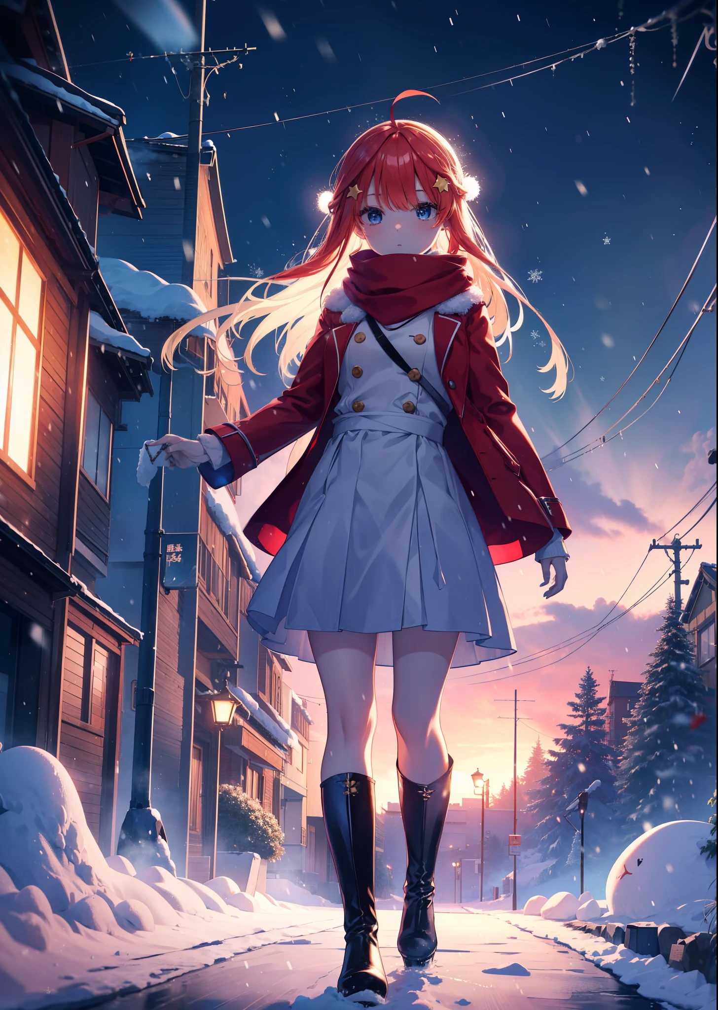 itsukinakano, itsuki nakano, bangs, blue eyes, hair between eyes, Ahoge, redhead, star \(symbol\), hair ornaments, star hair ornaments,red coat,short braided hair,white scarf,white sweater,He wears fluffy gloves on both hands..,long skirt,black tights,short boots,It's snowing,It's snowing,winter,cold sky,moonlight,full moon,よる
break outdoors, In town,building street,
break (masterpiece:1.2), highest quality, High resolution, unity 8k wallpaper, (figure:0.8), (detailed and beautiful eyes:1.6), highly detailed face, perfect lighting, Very detailed CG, (perfect hands, perfect anatomy),
