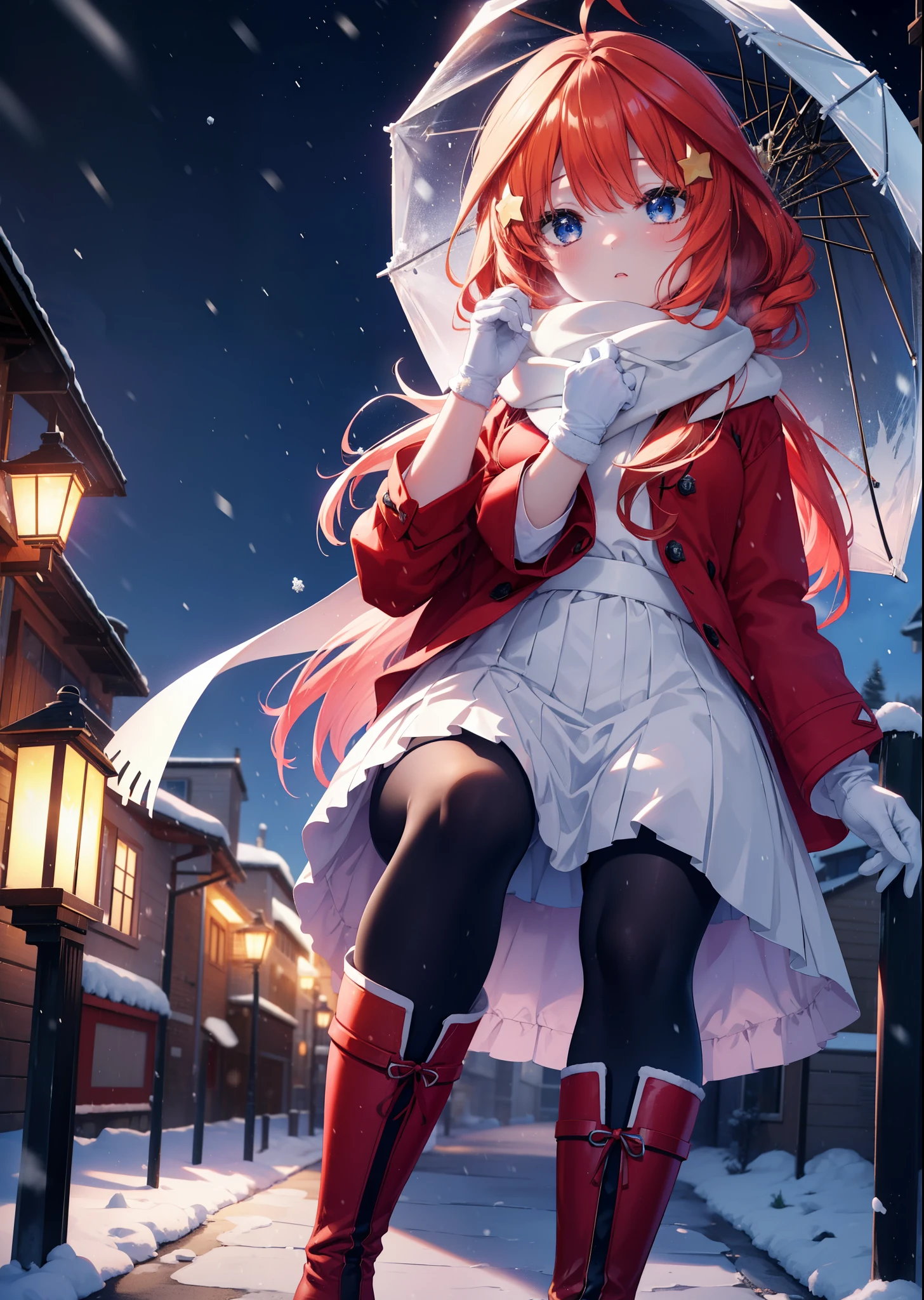 itsukinakano, itsuki nakano, bangs, blue eyes, hair between eyes, Ahoge, redhead, star \(symbol\), hair ornaments, star hair ornaments,red coat,short braided hair,white scarf,white sweater,He wears fluffy gloves on both hands..,long skirt,black tights,short boots,It&#39;s snowing,It&#39;s snowing,winter,cold sky,moonlight,full moon,よる
break outdoors, In town,building street,
break (masterpiece:1.2), highest quality, High resolution, unity 8k wallpaper, (figure:0.8), (detailed and beautiful eyes:1.6), highly detailed face, perfect lighting, Very detailed CG, (perfect hands, perfect anatomy),