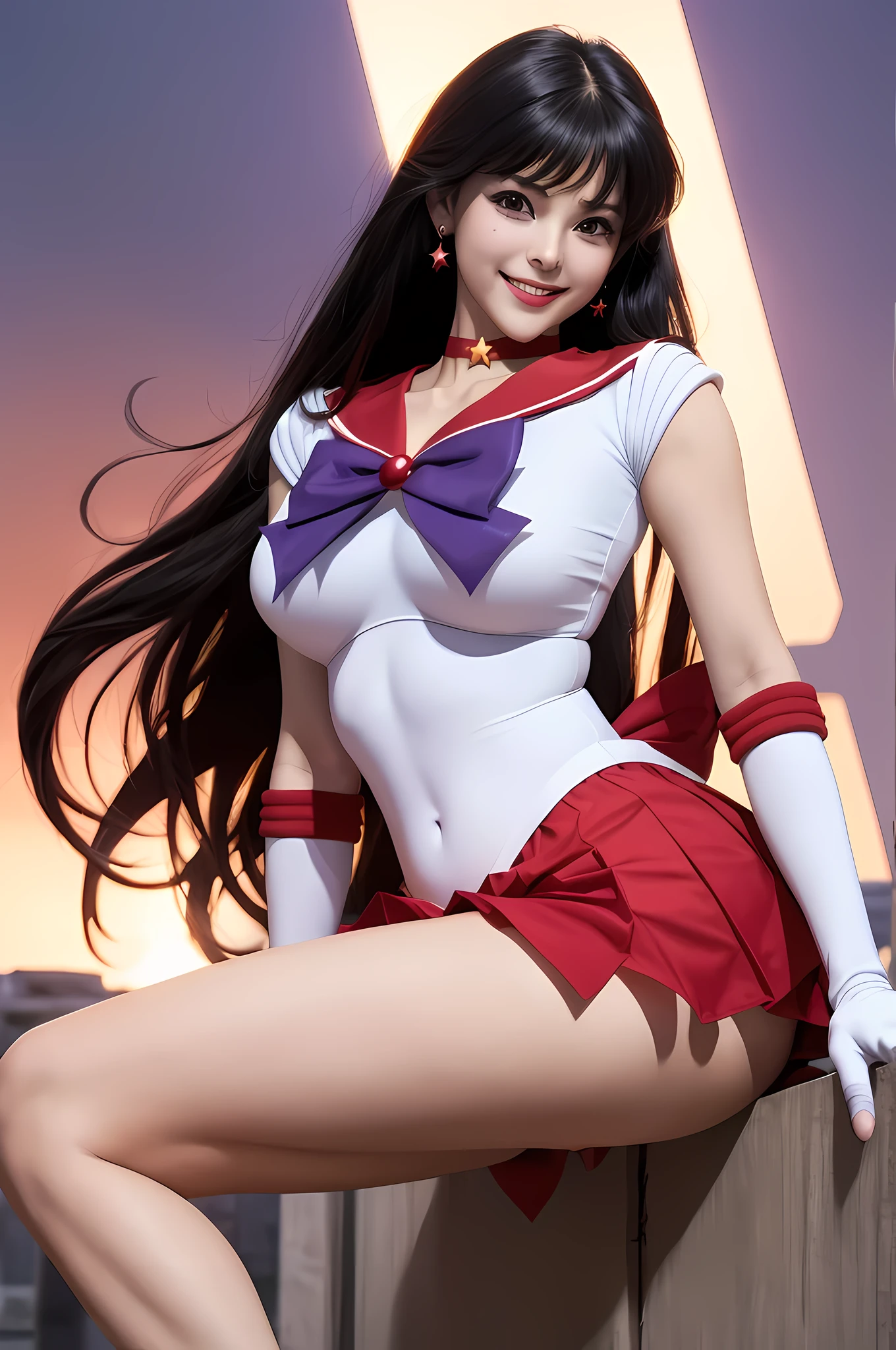 Masterpiece,best quality,height,Same 1,crown,Sailor Senshi outfit,white gloves,red sailor collar,red skirt,star choker,elbow gloves,pleated skirt,Bare legs,Purple Bow,smile,,Uptrend,Panties,Emphasize the chest,Rupturing of the chest,gipsy,retrospect_X-ray,information \(nsfwolf\),