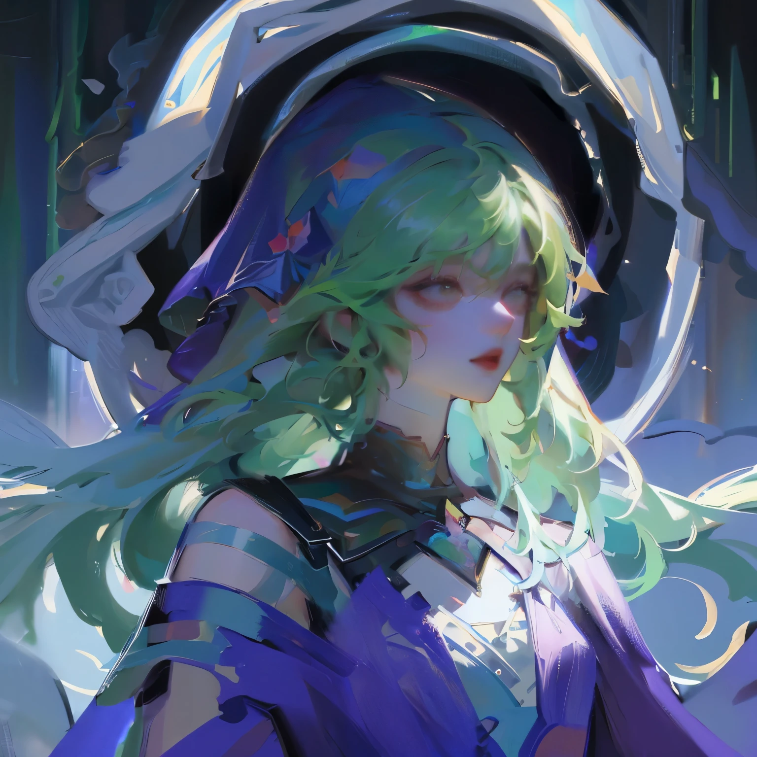 (masterpiece, top quality, best quality, official art, beautiful and aesthetic:1.2), (1girl:1.3), (fractal art:1.3), card, tarot, green hair, twin braids, hair flower, (good lighting:1.1), ((highres)), Tarot card style