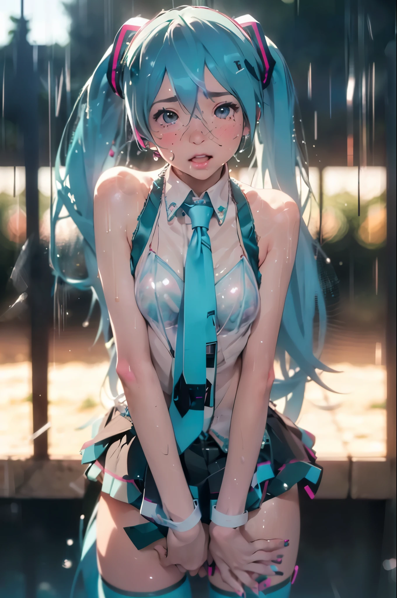 ((Perfect Anatomy)), (lift very short miniskirt :1.4), ((Big tites:1.4)),, Showing pussy, tearful eyes, embarrassed, (Sperm overflowing from pussy: 1.5), Blushing woman, ((Girl A string coming out of the anus, with a bell attached to the tip)),,, ((excellent)), ((masterpiece)), adult cute woman, beautiful face, realistic body, realistic eyes, see-through, white knee highs, panty shot,, Wet G-string, legs spread, under-boobs, (glossy and bold skin, sweating: 1.4), ((((bokeh of other characters: 1.5)))),, ((bokeh: 1.5) ), slender, puffy nipple、(brown hair), (Hatsune Miku:1.5), (Racing Miku),