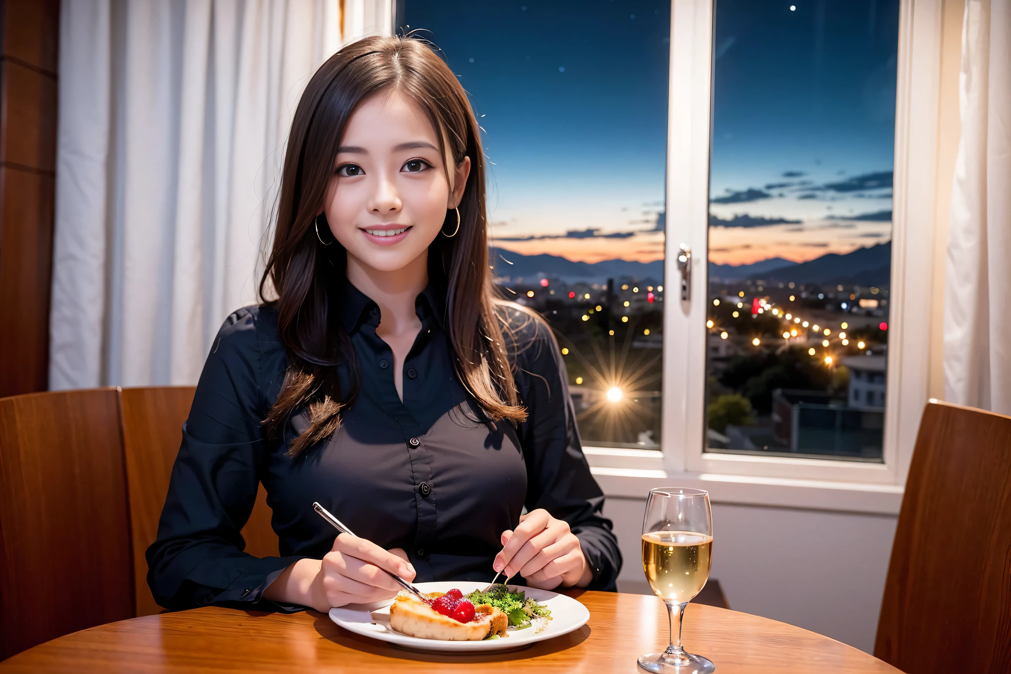 K, Hmm, highest quality, masterpiece: 1.2), (realistic, photorealistic: 1.37), Spectacular view of the sunset sky and clouds、Amazing mountain views、美しいsmile、Satomi Ishihara、Ayase Haruka、3 slim beauties, (slim face),Happy、 the best smile、Fox face、Berry Short、(because I&#39;thin), (brown hair), (shortcut), long sleeve shirt、winter fashion、Colombian、Brazilian、Japanese、Dutch、German、Portuguese、Belgian、Italian、French,Champagne、sparkling wine、 (squirt), (slim body), (brown hair), (shortcut), neat beauty、cheeks turn a little red, (40 years old), 38 years old, alone, A beautiful and detailed night view spreads out outside the window....., restaurant, wine glass is sitting, At night, in a prominent place (from the Upper body) nova frog style, actress, model, Upper body, White wine, slim, wine glass, Very beautiful night view, wine glass Put in the Middle, Happy smile, (smile: 1.15), 