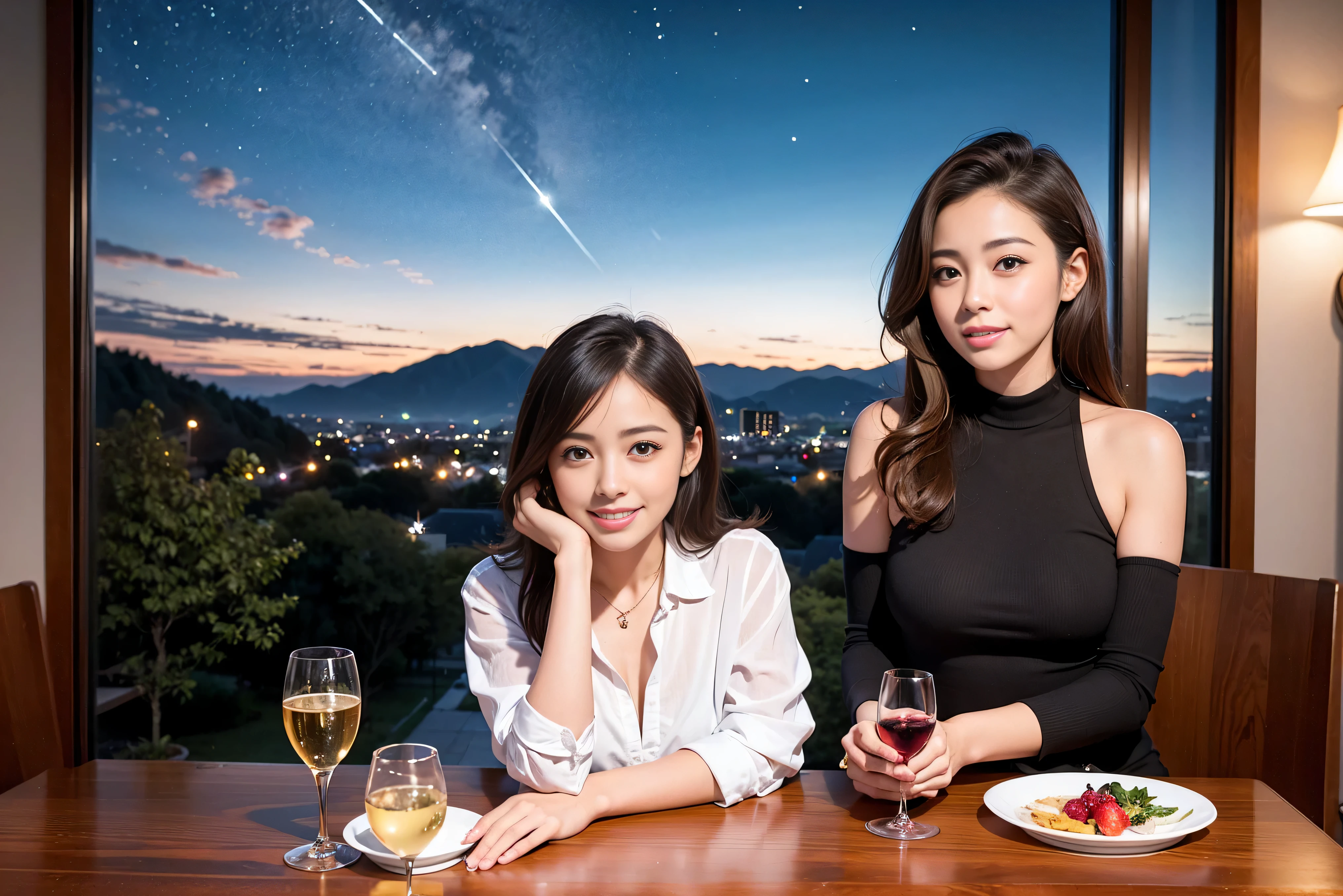 K, Hmm, highest quality, masterpiece: 1.2), (realistic, photorealistic: 1.37), Spectacular view of the sunset sky and clouds、Amazing mountain views、美しいsmile、Satomi Ishihara、Ayase Haruka、3 slim beauties, (slim face),Happy、 the best smile、Fox face、Berry Short、(because I'thin), (brown hair), (shortcut), long sleeve shirt、winter fashion、Colombian、Brazilian、Japanese、Dutch、German、Portuguese、Belgian、Italian、French,Champagne、sparkling wine、 (squirt), (slim body), (brown hair), (shortcut), neat beauty、cheeks turn a little red, (40 years old), 38 years old, alone, A beautiful and detailed night view spreads out outside the window....., restaurant, wine glass is sitting, At night, in a prominent place (from the Upper body) nova frog style, actress, model, Upper body, White wine, slim, wine glass, Very beautiful night view, wine glass Put in the Middle, Happy smile, (smile: 1.15),