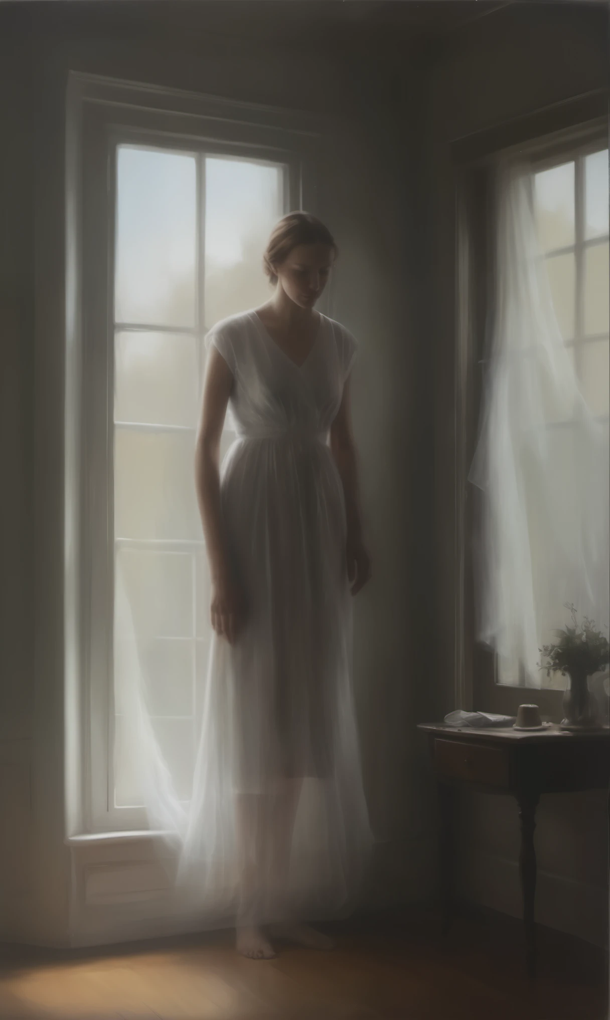 Painting of a woman in a white dress, standing in front of the window, nick alm, inspired by Gregory Crewdson, 4k flaxseed oil, painting tonalism, like a matte oil painting, Genevieve Springsteen Lynch, inspired by Joseph DeCamp, flaxseed oil, inspired by Henrietta Wyeth, realistic flaxseed oil, Oil painting of a realistic woman