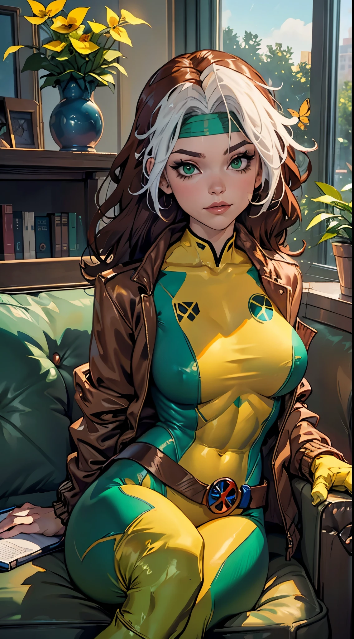 (masterpiece, best quality:1.2), classicrogue, 1girl, solo, long hair, breasts, smile, large breasts, brown hair, green eyes, jacket, big hair, white hair, multicolored hair, parted lips, open clothes, belt, two-tone hair, open jacket, lips, bodysuit, covered navel, makeup, muscular, headband, abs, skin tight, multicolored clothes, muscular female, dyed bangs, multicolored bodysuit, green bodysuit, yellow bodysuit, butterfly, bug, window, sitting, indoors, plant, book, laptop, computer, couch, looking at viewer, closed mouth, blurry, blue butterfly, potted plant, building, expressionless, depth of field, book stack, day