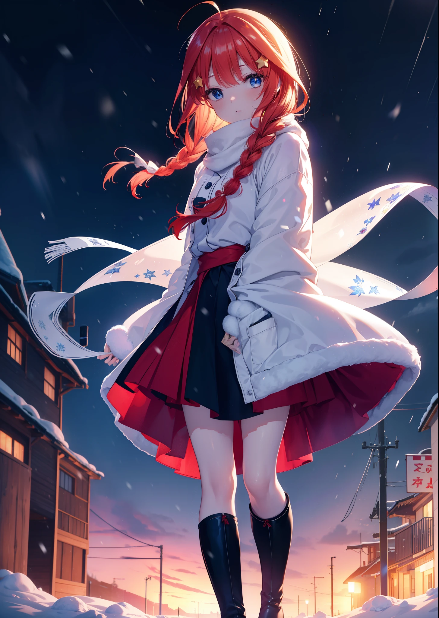 itsukinakano, itsuki nakano, bangs, blue eyes, hair between eyes, Ahoge, redhead, star \(symbol\), hair ornaments, star hair ornaments,red coat,short braided hair,white scarf,white sweater,He wears fluffy gloves on both hands..,long skirt,black tights,short boots,It&#39;s snowing,It&#39;s snowing,winter,cold sky,moonlight,full moon,よる
break outdoors, In town,building street,
break (masterpiece:1.2), highest quality, High resolution, unity 8k wallpaper, (figure:0.8), (detailed and beautiful eyes:1.6), highly detailed face, perfect lighting, Very detailed CG, (perfect hands, perfect anatomy),