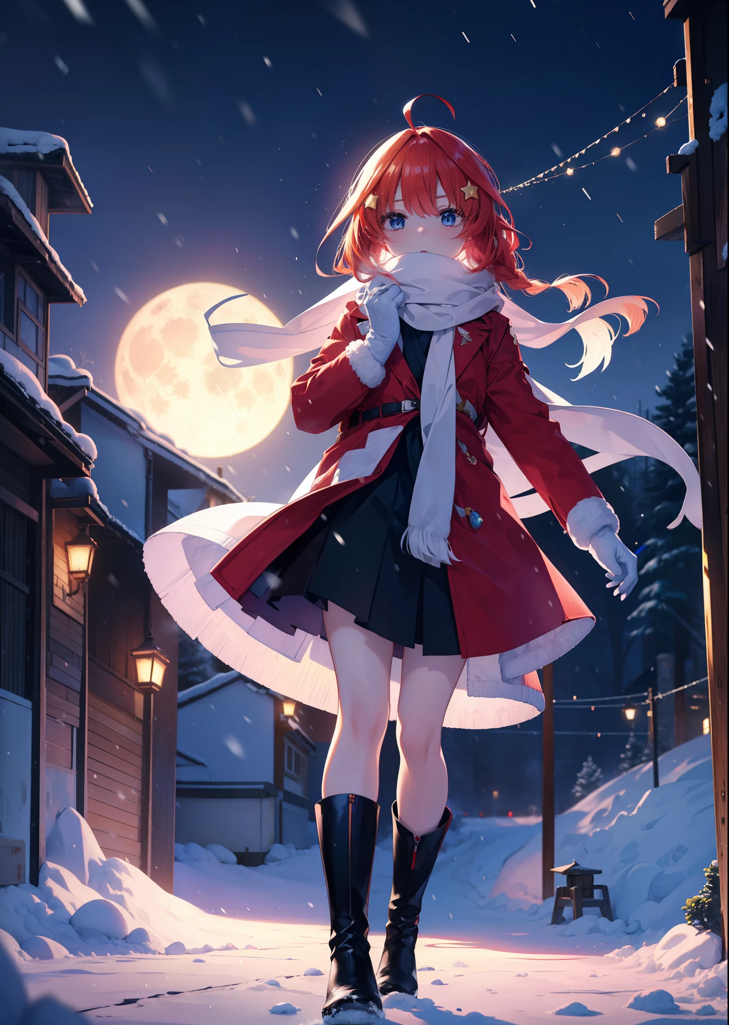 itsukinakano, itsuki nakano, bangs, blue eyes, hair between eyes, Ahoge, redhead, star \(symbol\), hair ornaments, star hair ornaments,red coat,short braided hair,white scarf,white sweater,He wears fluffy gloves on both hands..,long skirt,black tights,short boots,It&#39;s snowing,It&#39;s snowing,winter,cold sky,moonlight,full moon,よる
break outdoors, In town,building street,
break (masterpiece:1.2), highest quality, High resolution, unity 8k wallpaper, (figure:0.8), (detailed and beautiful eyes:1.6), highly detailed face, perfect lighting, Very detailed CG, (perfect hands, perfect anatomy),