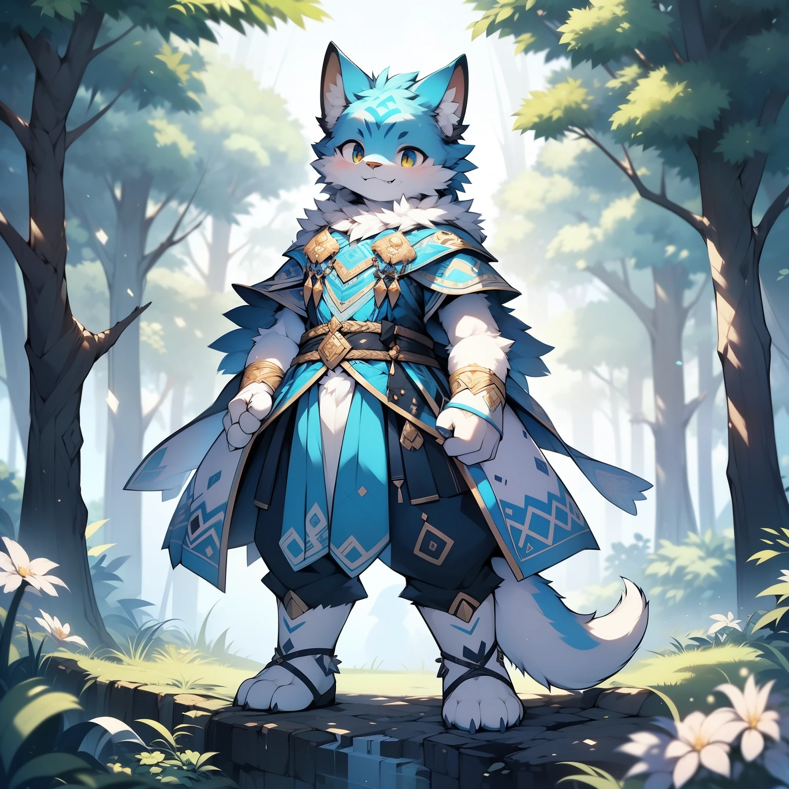 anthropomorphic cat,fluffy fur,Yellow and white patterned fur embellished with blue patterned fur,Handsome,Males,Alone,masterpiece,super high quality,in the forest,Smiling with bared teeth,Energetic,rich in detail,standing,perfect,Not hanging on at all