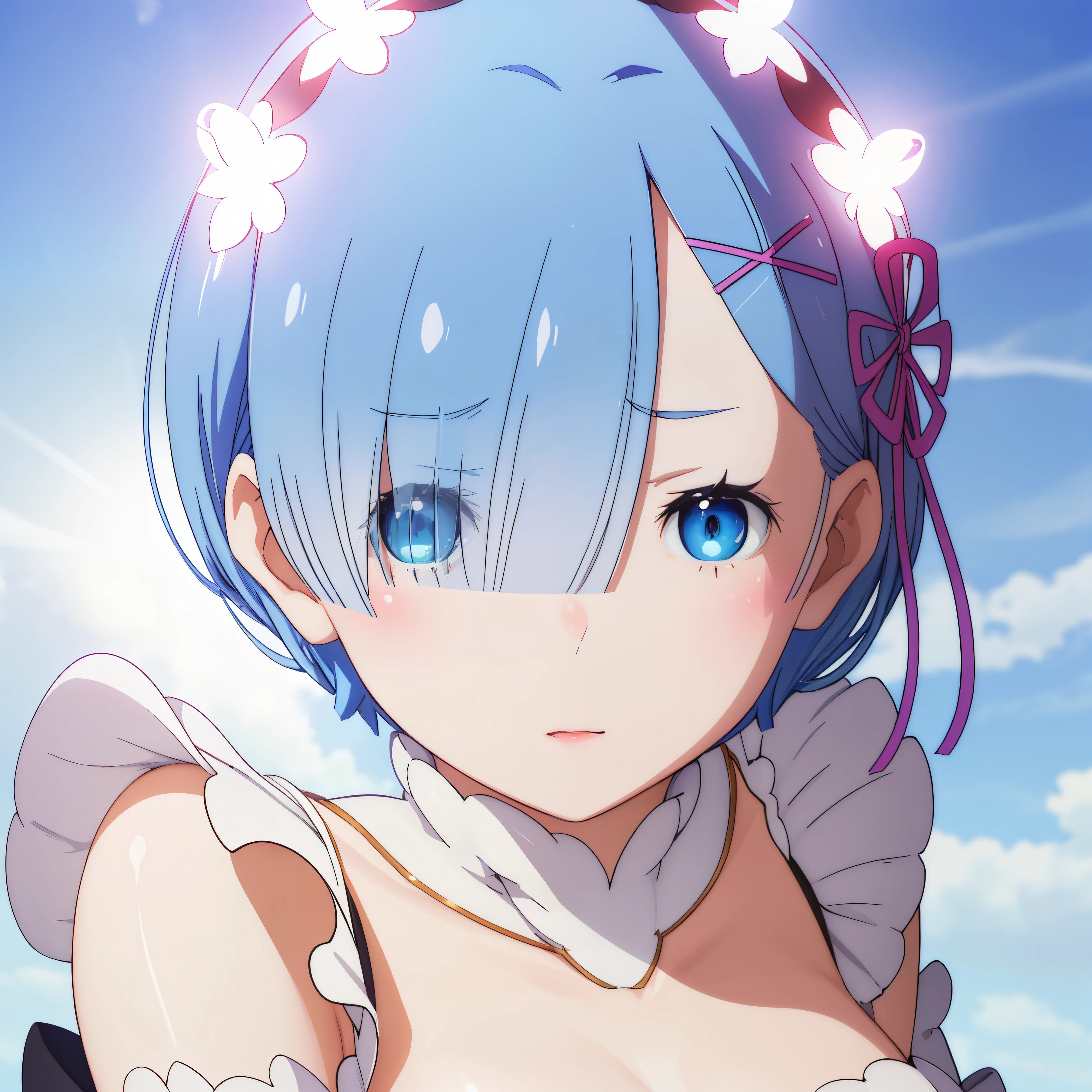 Photiorealistic image of Rem, Re Zero, anime character, captured with a top-quality lens for ultimate detail and clarity. The lighting gracefully illuminates her features, showcasing every intricate line and curve with stunning precision. Vibrant and lifelike colors breathe essence into her soft, delicate expression, intensifying her enchanting beauty.