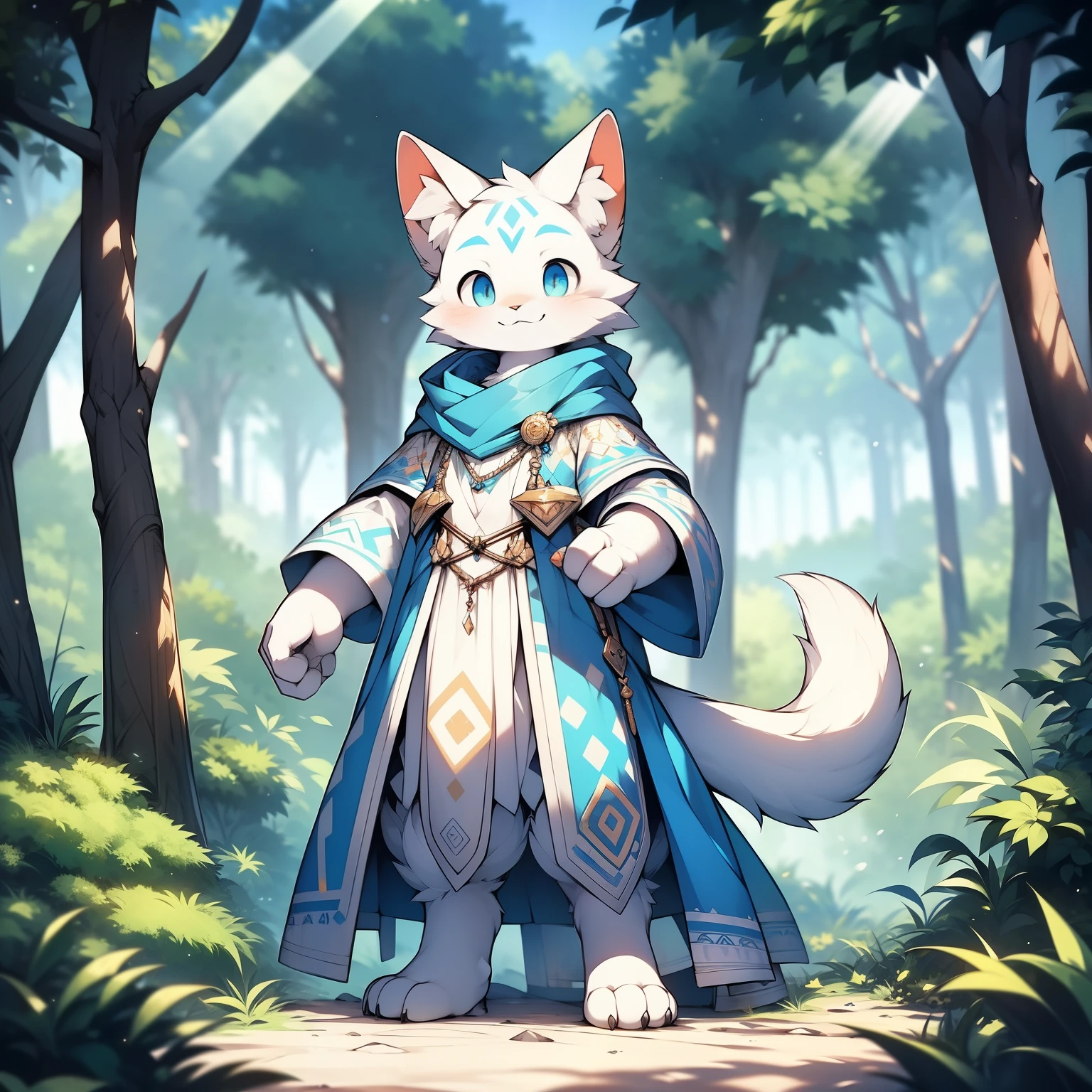 anthropomorphic cat,fluffy fur,Yellow and white patterned fur embellished with blue patterned fur,Handsome,Males,Alone,masterpiece,super high quality,in the forest,Smiling with bared teeth,Energetic,rich in detail,standing,perfect,Not hanging on at all