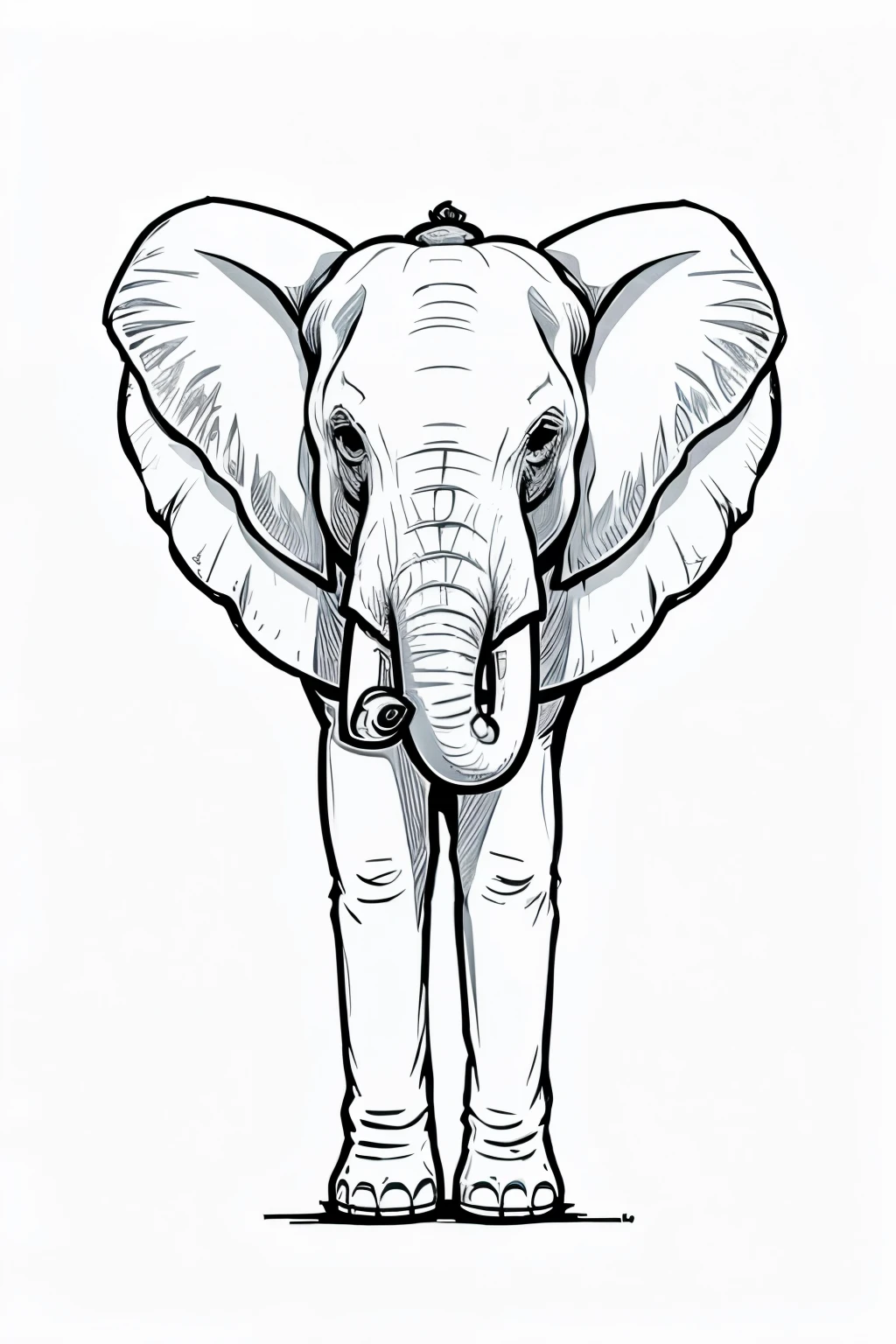create a friendly elephant character with a , outline art , colouring page outline page with white background, sketch style ,full body only use outline ,cartoon style , clean and clear and well outlined,in the middle of the garding big round eyes 