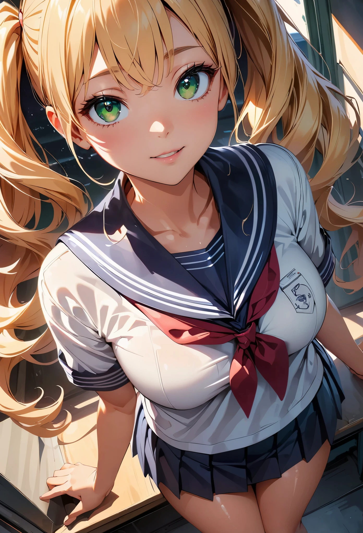 concept:美しいwomanの肖像画。 quality:(最高quality, 4k, High resolution, masterpiece:1.2), Super detailed, (anime style, photorealistic:1.37), lighting effects:strong contrast, Bright colors and mesmerizing effects, Soft and delicate lighting, gentle shine, Subject information:alone, ((woman)), (round eyes), (small face), (high detail skin:1.2), long eyelashes, glossy lips, (blonde, twin tails, green eyes), (slim body shape), Highly detailed face and skin texture, (Joyful), (sailor suit), droopy eyes, look up, upper glance, seductive thighs, Other details:((Photographed from above)), school classroom:1.5, beautiful skin, shiny skin, perfect fingers, five fingers, anatomically correct, background bokeh, ultra wide angle lens, 22㎜, f/1.2, photo shoot,