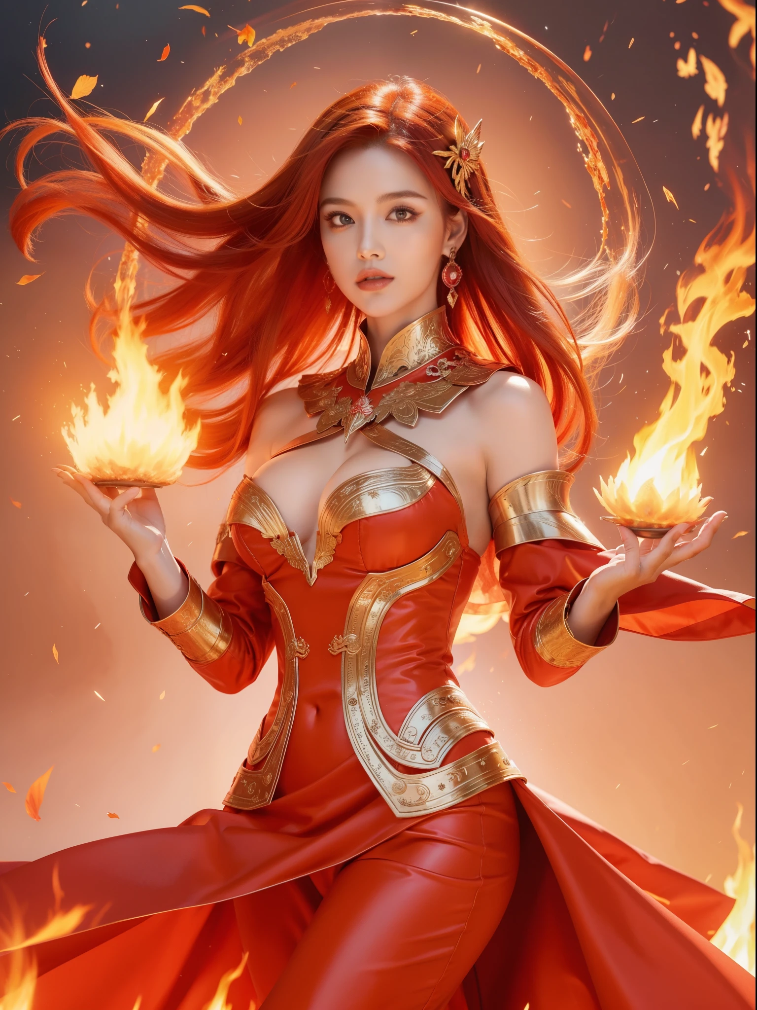woman with red hair and a red dress, fire mage, appears as the fire goddess, goddess of fire, holy fire spell art, fire goddess, the fire queen, she has fire powers, flame spell, fire spell, fiery aura, flame conjuring armored, hot fire goddess, the butterfly goddess of fire, lava and fire goddess, 4k, clear picture. The fire is bigger, it also creates a fire effect around her body