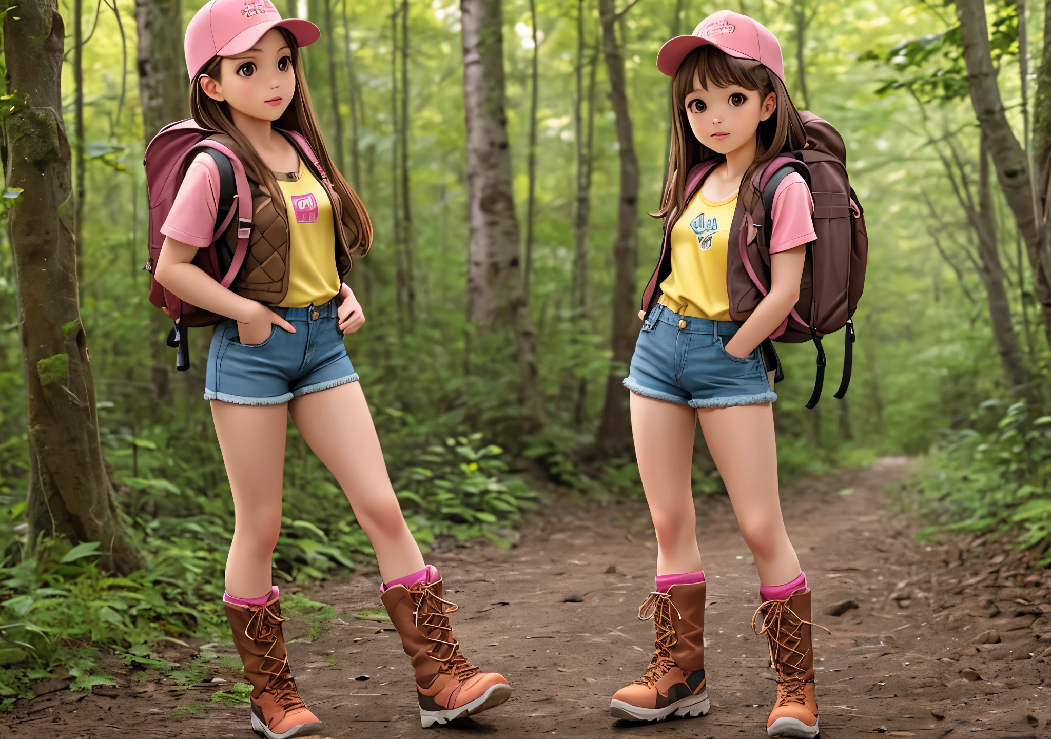 3  girl, full-body portrait with a realistic human appearance. they should have naturally proportioned features, with brown eyes and a long natural smoothly curved chestnut brown hair clothing should include denim shorts, a pink vest over a yellow long-sleeved shirt, hiking boots, and a backpack. She should be wearing a cap, giving her an adventurous look