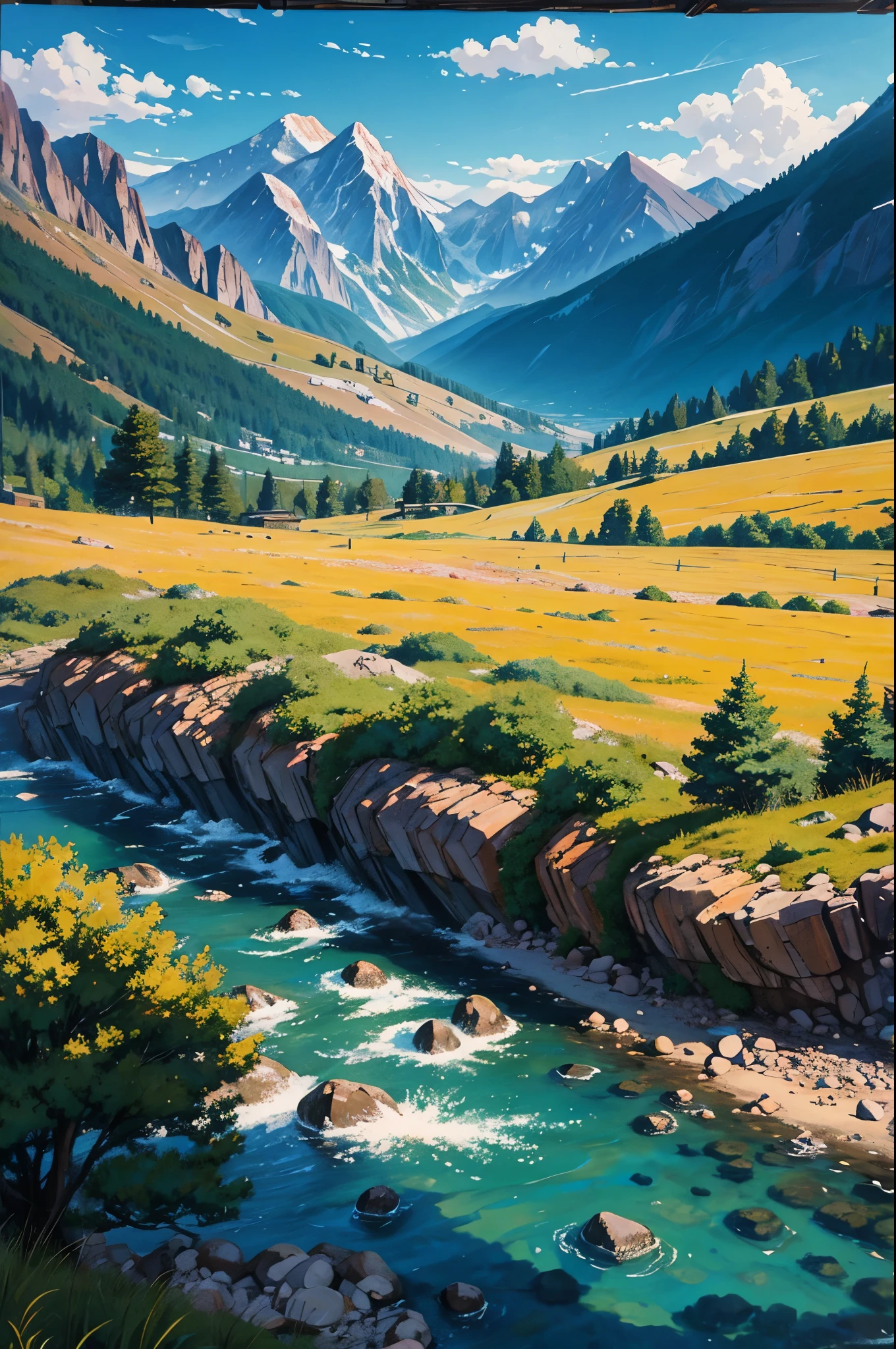 Anime style impasto scene,There are mountains and clouds,There are boulders,someone