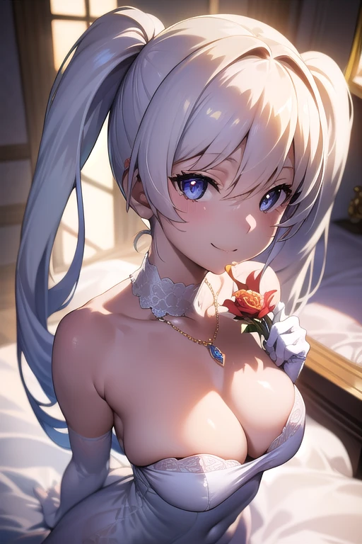 (from above:1.2),(from side:0.9), ((Face)), (Close-Up:0.4), ((looking at viewer, holding a bouquet to his mouth)), highest quality、(real、photorealistic:1.4)、(RAW photo:1.2)、very detailed CG unity 8k wallpaper, delicate and beautiful, wonderful, Fine detail, official art, disorganized, very disorganized, huge file size, Ultra-detailed, very detailed, very detailed girl, very detailed eyes and face, Bright on the face、(20 age girl:1.0)、small smile, smiling, miorine rembran, ahoge, (twintail hair:1.25), hair between eyes, hair twintails, (long hair:1.25), tiara,ruany,off-shoulder dress,pearl ,(gemstone),tiara,veil,wedding dress, wedding necklace, wedding long gloves, (luxurious bouquet), chapel, Stained glass,(best quality, highres, masterpiece:1.2), ultra-detailed, (realistic:1.37) illustration, erotic style, soft lighting, sweat glistening on her body, gentle warmth, dark and mysterious, small breast,narrow waist,(with sparkling eyes and a contagious smile),her thin pubic hair, looking at viewer,