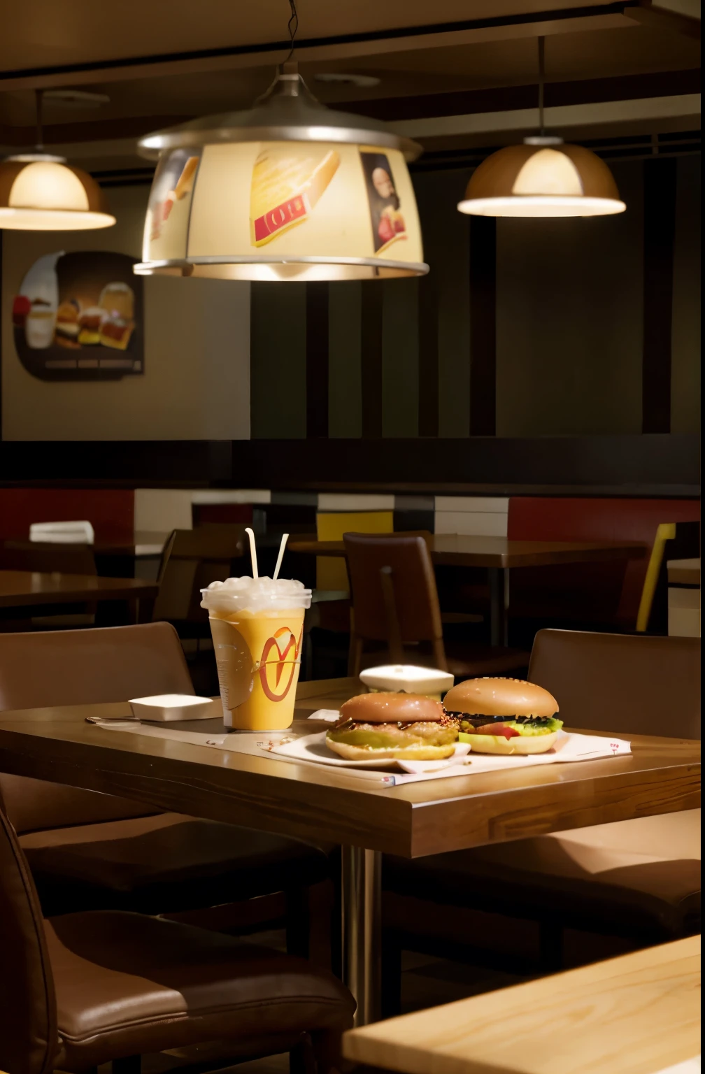 Realistic, inside, table, people, light, McDonalds, restaurant, burgers