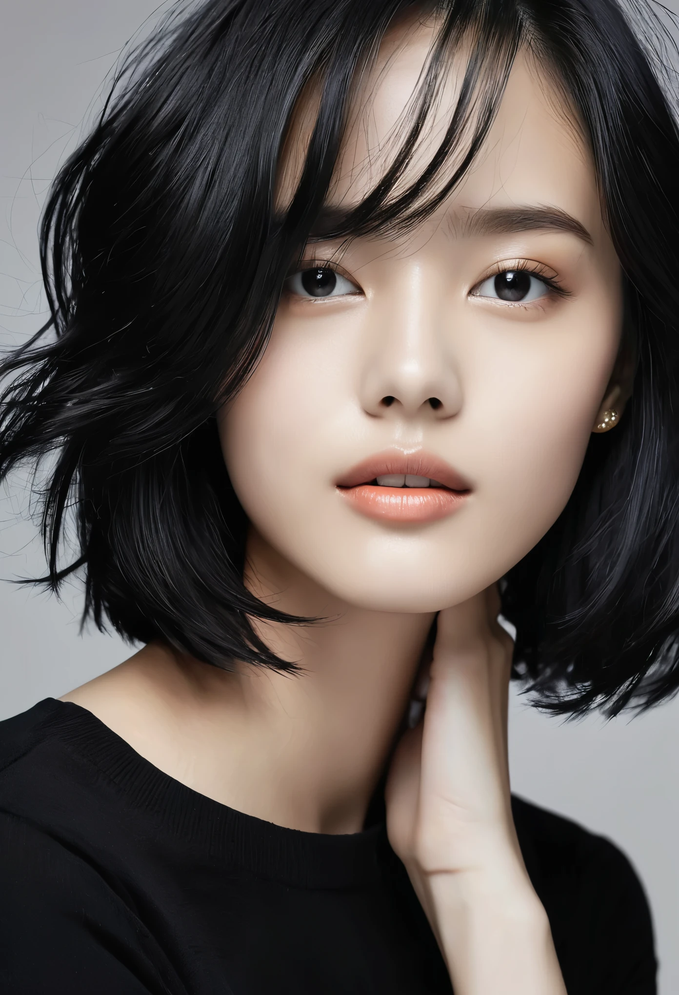 (actual:1.37),Short dark hair,Jet-black flowing hair,edge,深black的眼睛,21 years old,Shoulder length hair,black衣服,black,(finishing ring:1.21），Moderate:painting,female portrait,subtle smile,bright colors,soft light,studio setup,Delicate brushstrokes,Skin tone is bright,gentle expression,subtle highlights,Slim hair,Confident gaze,black and white color palette,dramatic contrast,bold composition,a hint of mystery,Sophisticated and elegant,Professional posture,graceful posture,perfect details,smooth skin textures,Impeccable symmetry,subtle background，with dark implications,conspiracy mood,Sublime artistry