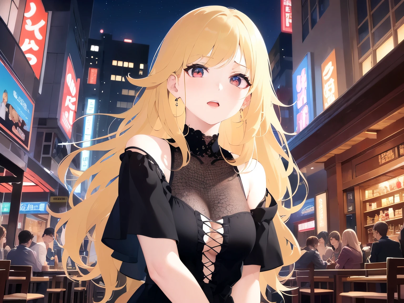 Upper Body, Realistic, real person, (pale skin: 1.2), RAW photo, photorealistic, portrait photography, shiny skin, japanese idol、shiny hair、(25 year old woman with medium hair with blonde bangs) and (wavy hair) and (orange eyes) , sad, open mouth, She wears a black off-the-shoulder blouse、The background is a restaurant at night、Alone、sitting