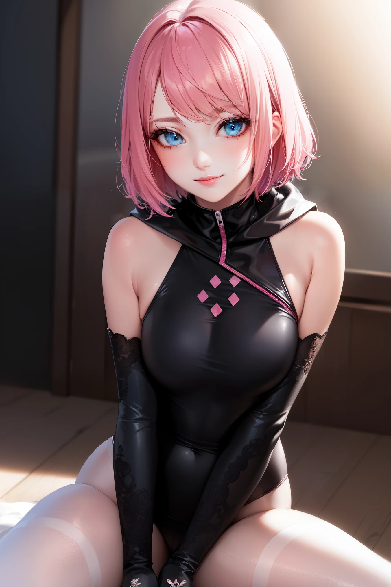 deep skin,textured skin, ,sakura haruno,(pink hair:1.4),(short hair:1.6),
BREAK  (bare shoulders, black gloves, blue hood, claw ring, detached sleeves, gloves, hood, jewelry, long sleeves, pantyhose, puffy sleeves, white pantyhose:1,2)
BREAK NSFW,looking at viewer, depth of field, looking at the audience, a little smile,
BREAK (masterpiece:1.2), best quality, high resolution, unity 8k wallpaper, (illustration:0.8), (beautiful detailed eyes:1.6), extremely detailed face, perfect lighting, extremely detailed CG, (perfect hands, perfect anatomy),