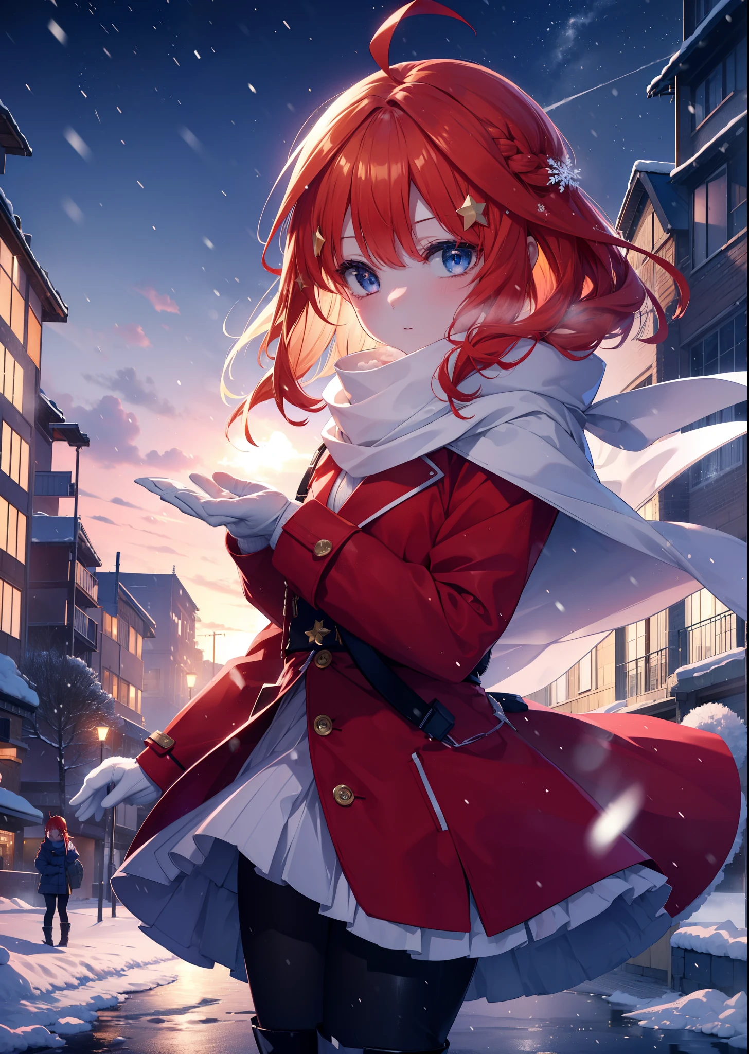 itsukinakano, itsuki nakano, bangs, blue eyes, hair between eyes, Ahoge, redhead, star \(symbol\), hair ornaments, star hair ornaments,red coat,short braided hair,white scarf,white sweater,He wears fluffy gloves on both hands.,long skirt,black pantyhose,short boots,It's snowing,It's snowing,winter,cold sky,moonlight,full moon,よる
break outdoors, In town,building street,
break (masterpiece:1.2), highest quality, High resolution, unity 8k wallpaper, (figure:0.8), (detailed and beautiful eyes:1.6), highly detailed face, perfect lighting, Very detailed CG, (perfect hands, perfect anatomy),