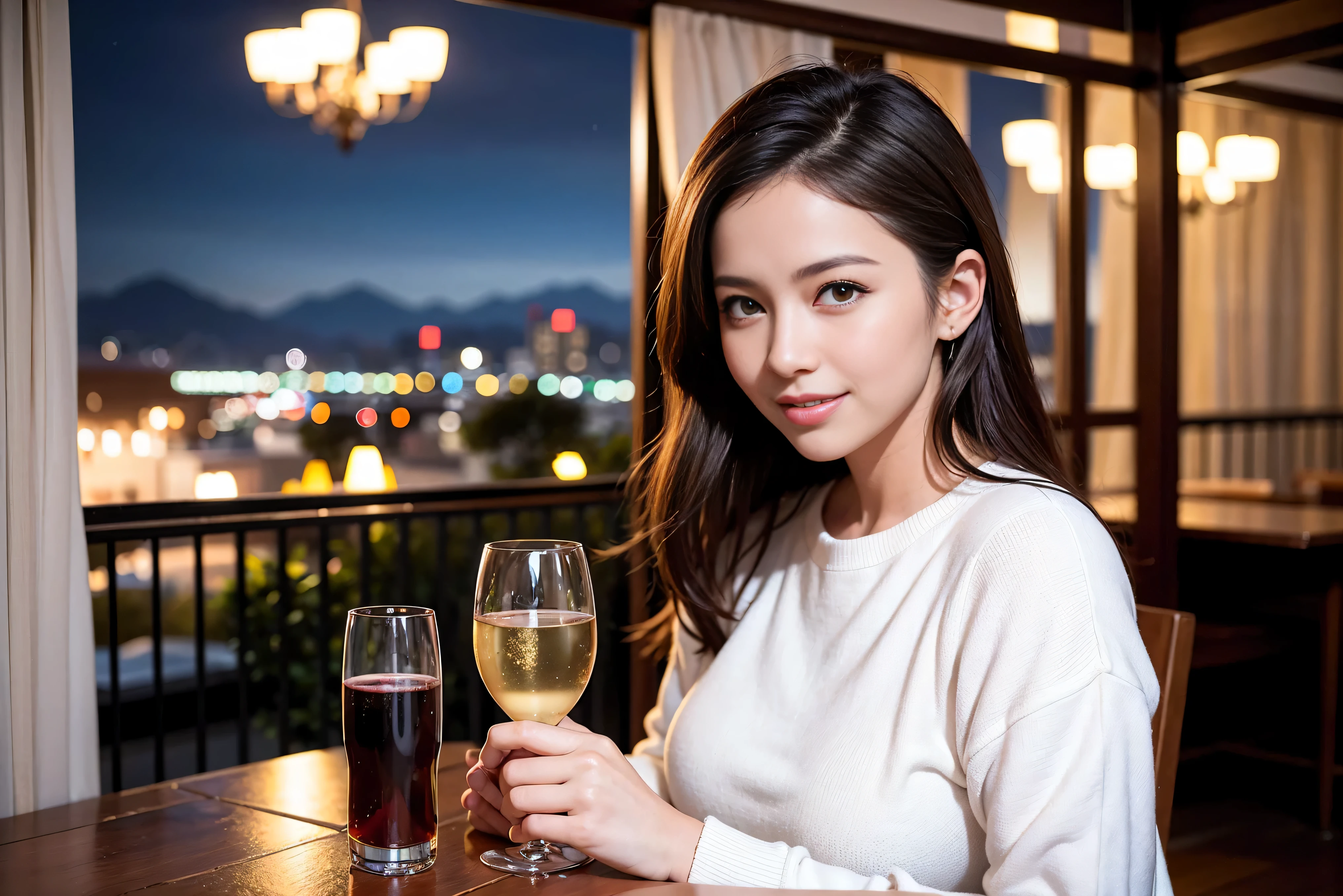 K, Hmm, highest quality, masterpiece: 1.2), (realistic, photorealistic: 1.37), Spectacular view of the sunset sky and clouds、Amazing mountain views、美しいsmile、3 slim beauties, (slim face),Happy、 the best smile、Fox face、Berry Short、(because I'thin), (brown hair), (shortcut), long sleeve shirt、winter fashion、Colombian、Brazilian、Japanese、Dutch、German、Portuguese、Belgian、Italian、French,Champagne、sparkling wine、 (squirt), (slim body), (brown hair), (shortcut), neat beauty、cheeks turn a little red, (40 years old), 38 years old, alone, A beautiful and detailed night view spreads out outside the window....., restaurant, wine glass is sitting, At night, in a prominent place (from the Upper body) nova frog style, actress, model, Upper body, White wine, slim, wine glass, Very beautiful night view, wine glass Put in the Middle, Happy smile, (smile: 1.15),