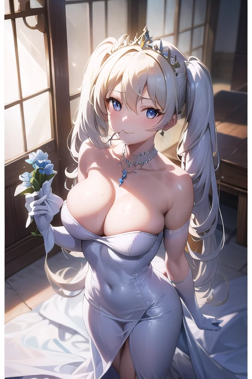 (from above:1.2),(from side:0.9), ((Face)), (Close-Up:0.4), ((looking at viewer, holding a bouquet to his mouth)), highest quality、(real、photorealistic:1.4)、(RAW photo:1.2)、very detailed CG unity 8k wallpaper, delicate and beautiful, wonderful, Fine detail, official art, disorganized, very disorganized, huge file size, Ultra-detailed, very detailed, very detailed girl, very detailed eyes and face, Bright on the face、(20 age girl:1.0)、small smile, smiling, miorine rembran, ahoge, (twintail hair:1.25), hair between eyes, hair twintails, (long hair:1.25), tiara,ruany,off-shoulder dress,pearl ,(gemstone),tiara,veil,wedding dress, wedding necklace, wedding long gloves, (luxurious bouquet), chapel, Stained glass,(best quality, highres, masterpiece:1.2), ultra-detailed, (realistic:1.37) illustration, erotic style, soft lighting, sweat glistening on her body, gentle warmth, dark and mysterious, small breast,narrow waist,(with sparkling eyes and a contagious smile),her thin pubic hair, looking at viewer,
