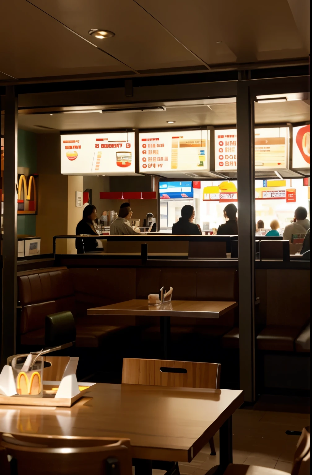 Realistic, inside, table, people, light, McDonalds, restaurant, burgers