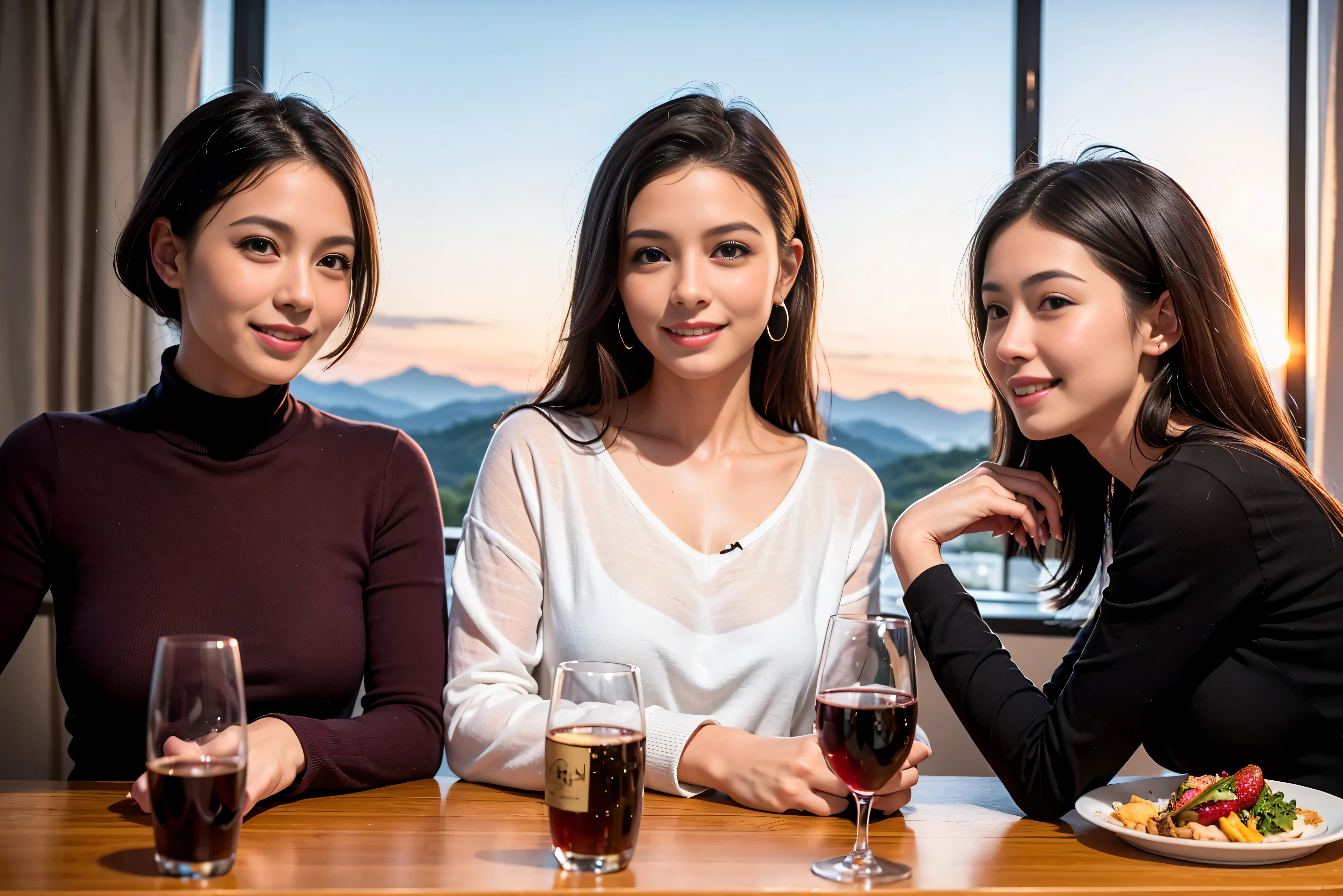 K, Hmm, highest quality, masterpiece: 1.2), (realistic, photorealistic: 1.37), Spectacular view of the sunset sky and clouds、Amazing mountain views、美しいsmile、3 slim beauties, (slim face),Happy、 the best smile、Fox face、Berry Short、(because I&#39;thin), (brown hair), (shortcut), long sleeve shirt、winter fashion、Colombian、Brazilian、Japanese、Dutch、German、Portuguese、Belgian、Italian、French,Champagne、sparkling wine、 (squirt), (slim body), (brown hair), (shortcut), neat beauty、cheeks turn a little red, (40 years old), 38 years old, alone, A beautiful and detailed night view spreads out outside the window....., restaurant, wine glass is sitting, At night, in a prominent place (from the Upper body) nova frog style, actress, model, Upper body, White wine, slim, wine glass, Very beautiful night view, wine glass Put in the Middle, Happy smile, (smile: 1.15), 