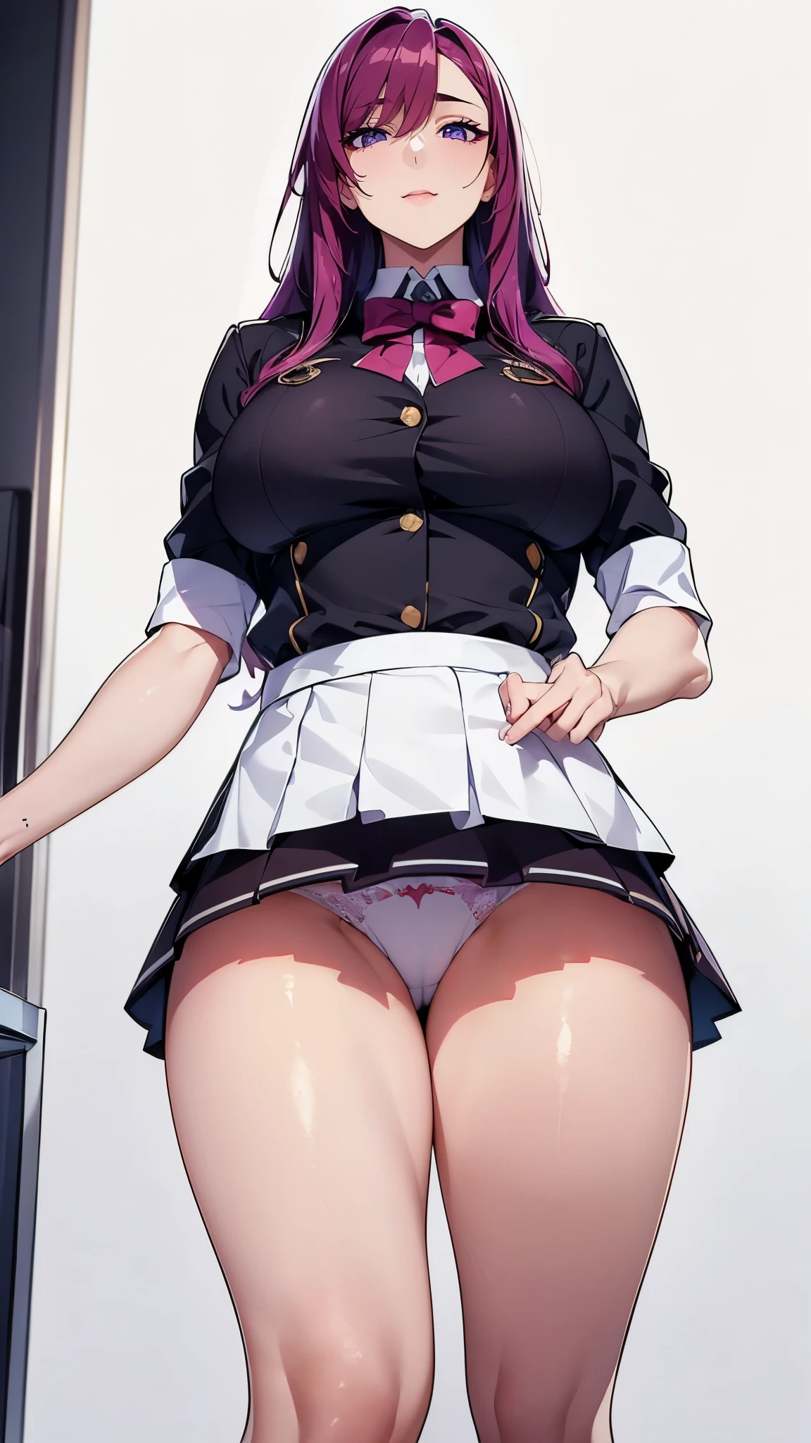 ((8K resolution))、((highest quality))、((masterpiece))、((Super detailed))((((dramatic))), (anatomically correct)、Depth of object being written、look at the camera、one person、one personの女性、shaved hair、front、Excited,expensive、toned arms, long and thin legs, Athletic Presence,Wet、(gradient hair)、tattoo、uniform、skirt lift、Panty shot、white panties、(theme、w穴 body:1.1),Image of God、white background