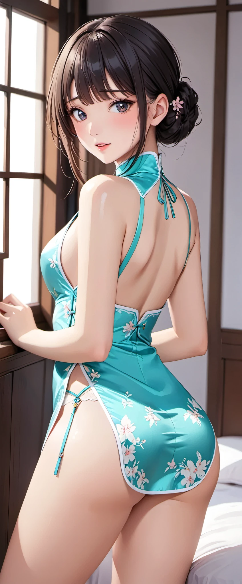 High resolution, adult woman , good lighting, despicable, , (No nudity), (((shiny cheongsam))), (()), ((())), (garter belt), abdomen only, (),  ,  cute face, I&#39;m embarrassed and blush, humiliating, ((turn around and look back)), (T-back)(a large amount of  is on the body,)