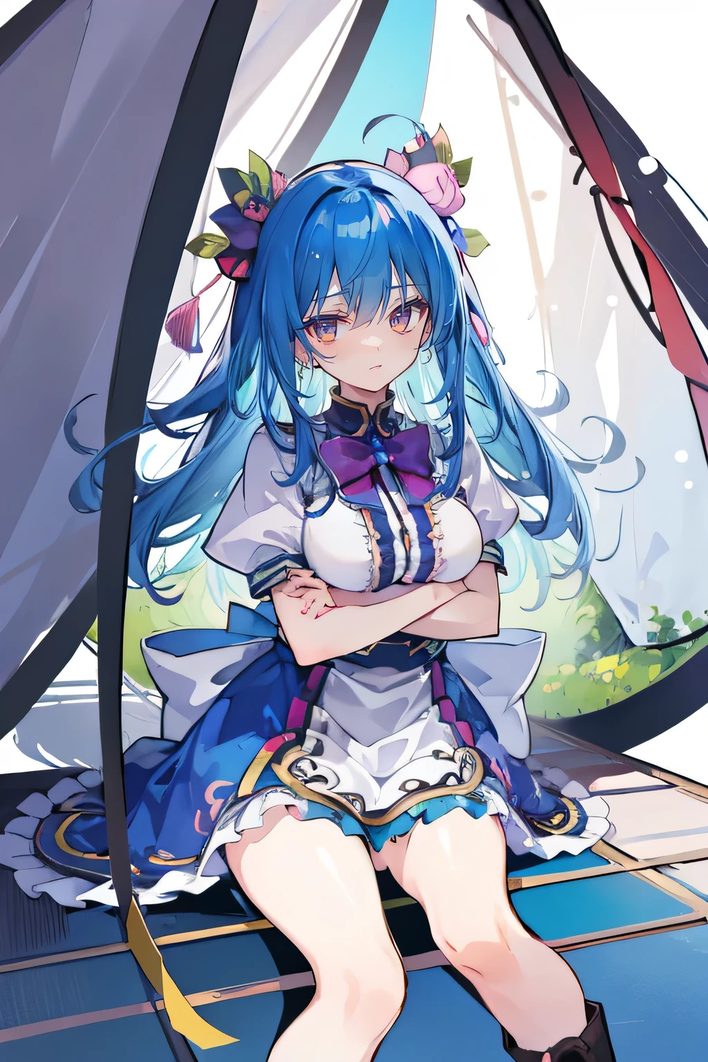 (masterpiece),best quality, expressive eyes, perfect face,sit, sit on ground, legs on the ground, 1girl,
big breasts, H cup, Good breasts, arms crossed, Fair, Gorgeous,japanese manga,girl,Laura,young angel, blue hair, blue haired,tent , tent chest, tent breast, floating clothes