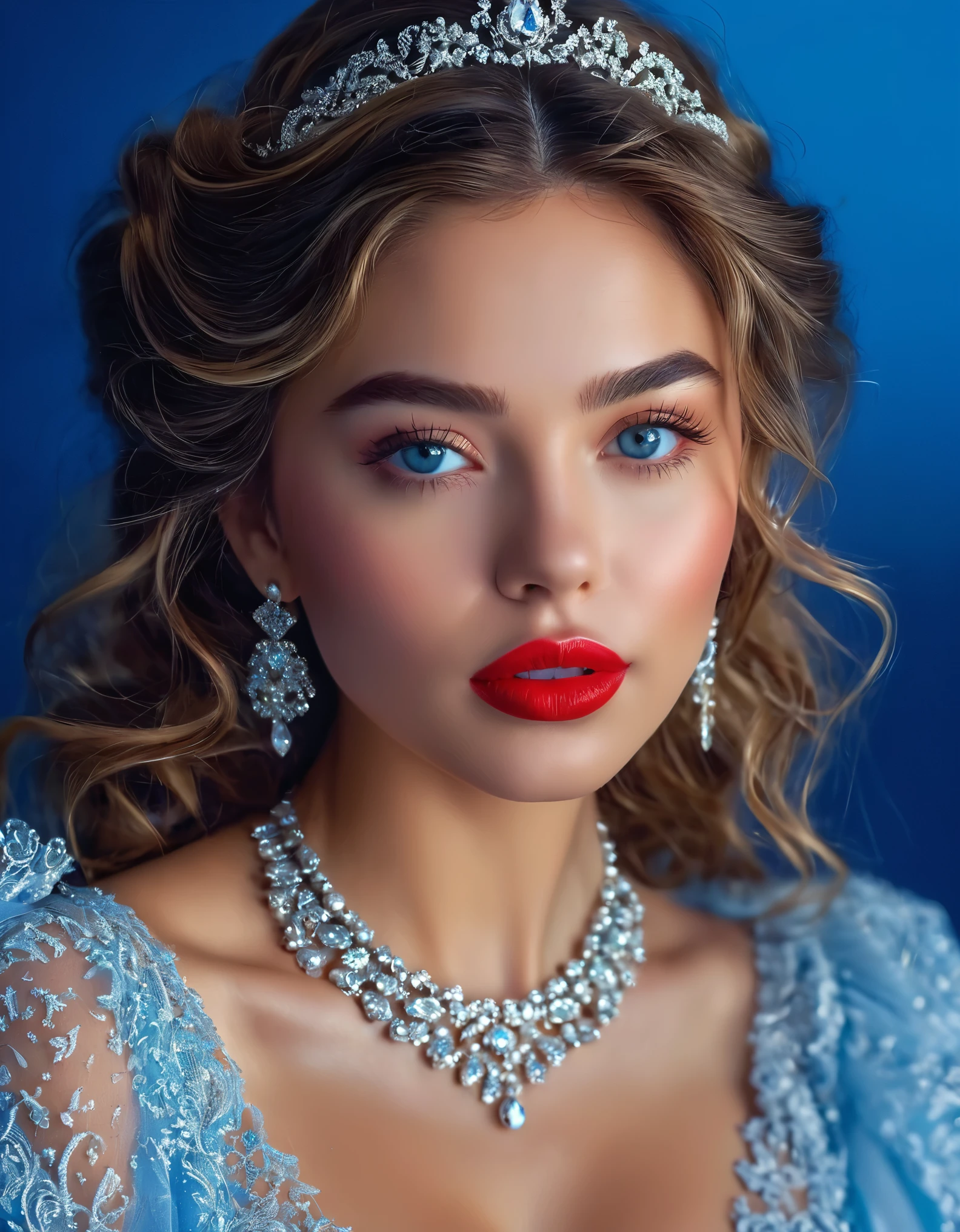(best quality,4k,highres,masterpiece:1.2),ultra-detailed,realistic:1.37,beautiful detailed eyes,beautiful detailed lips,extremely detailed face,long eyelashes,feminine appearance,graceful posture,tousled waves in her hair,bold red lip,serene oceanic blue backdrop,elegant attire,glamorous look,sparkling jewelry,portraits,vivid colors,soft natural lighting.