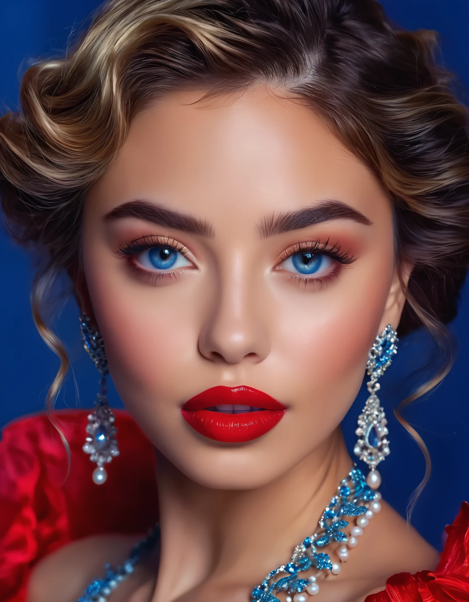 (best quality,4k,highres,masterpiece:1.2),ultra-detailed,realistic:1.37,beautiful detailed eyes,beautiful detailed lips,extremely detailed face,long eyelashes,feminine appearance,graceful posture,tousled waves in her hair,bold red lip,serene oceanic blue backdrop,elegant attire,glamorous look,sparkling jewelry,portraits,vivid colors,soft natural lighting.