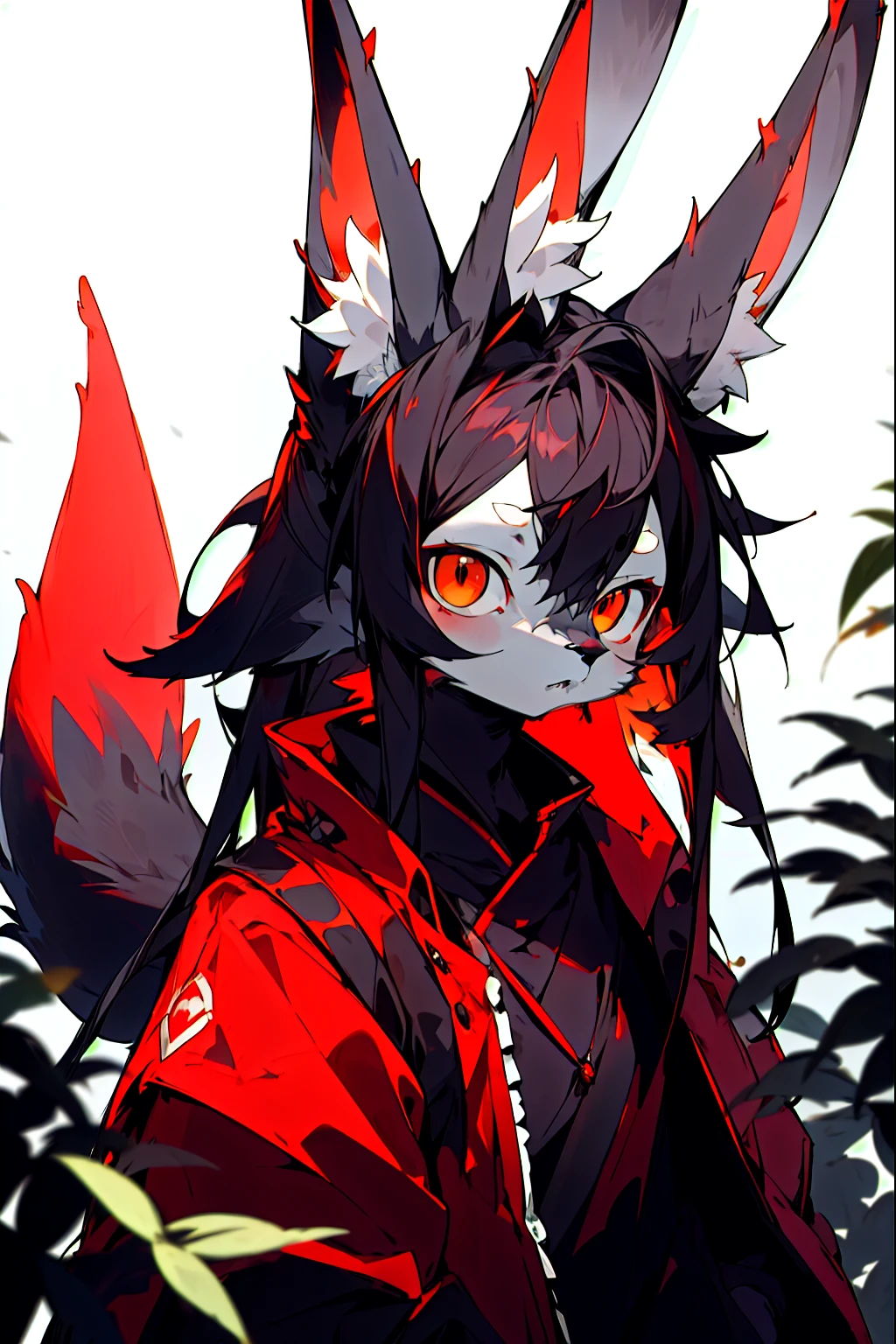 depth of field, perfect lighting, light particles,(best quality),(masterpiece),(ultra deTailed),(人形animal女孩,Female black rabbit 2:1)sharp focus,light particles, Red_Eye, watching_exist_audience, alone, hairy, animal_ear_Brushed, Erect ears,Upper body, Tail, Casual clothes,Red and black color scheme,Cool tide