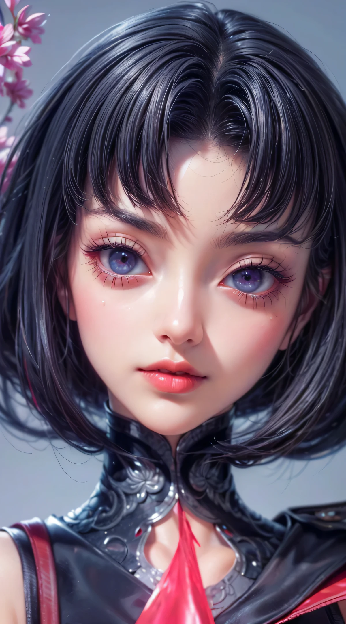 (Masterpiece:1.2, photorealistic:1.37), Eyes with beautiful details、Lips with beautiful details、Very detailed face and eyes、has long eyelashes, Red leather high collar, exposed shoulder, High-end CGI effects, Realistic high-resolution photorealistic, Sharp focus, Professional camera work, Glow light effect.