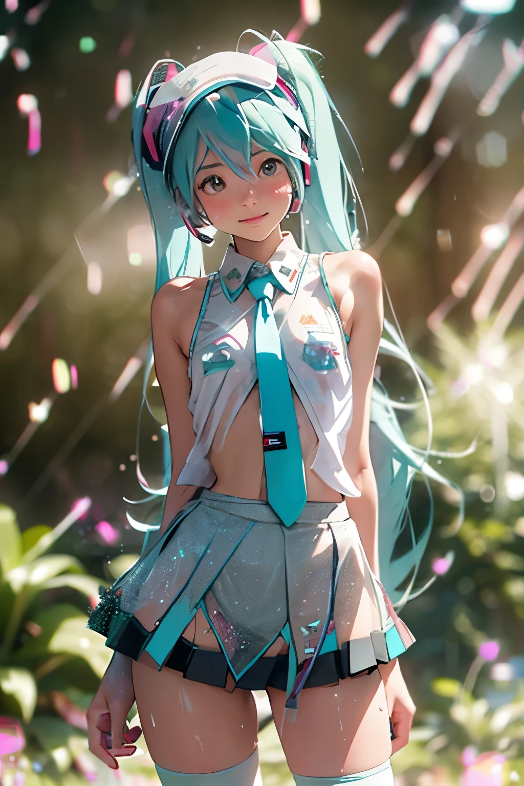((Perfect Anatomy)), (Pulling up very short miniskirt by yourself:1.4), ((Big tites:1.4)), Showing pussy, tearful eyes, embarrassed, ((Sperm overflowing from pussy:1.5)), Blushing woman, ((Girl A string coming out of the anus, with a bell attached to the tip)), ((excellent)), ((masterpiece)), adult cute woman, beautiful face, realistic body, realistic eyes, see-through, white knee highs, panty shot,, Wet G-string, legs spread, under-boobs, (glossy and bold skin, sweating: 1.4), ((((bokeh of other characters:1.5)))),, ((bokeh:1.5) ), slender, (brown hair), (Hatsune Miku:1.5), (Racing Miku),