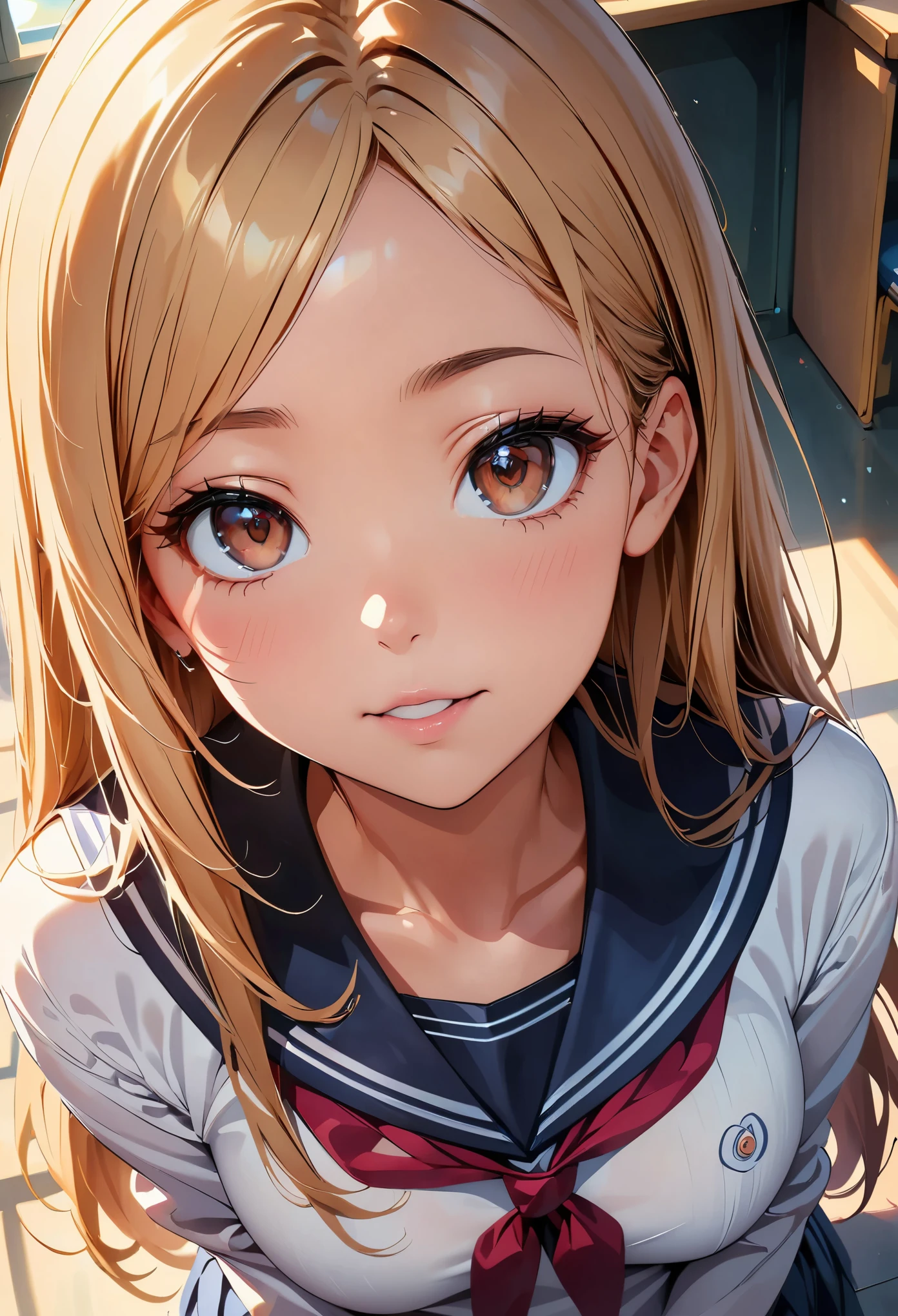 concept:美しいwomanの肖像画。 quality:(最高quality, 4k, High resolution, masterpiece:1.2), Super detailed, (anime style, photorealistic:1.37), lighting effects:strong contrast, Bright colors and mesmerizing effects, Soft and delicate lighting, gentle shine, Subject information:alone, ((woman)), (round eyes), (small face), (high detail skin:1.2), long eyelashes, glossy lips, (blonde, twin tails, green eyes), (slim body shape), Highly detailed face and skin texture, (Joyful), (sailor suit), droopy eyes, look up, upper glance, seductive thighs, Other details:((Photographed from above)), school classroom:1.5, beautiful skin, shiny skin, perfect fingers, five fingers, anatomically correct, background bokeh, ultra wide angle lens, 22㎜, f/1.2, photo shoot,