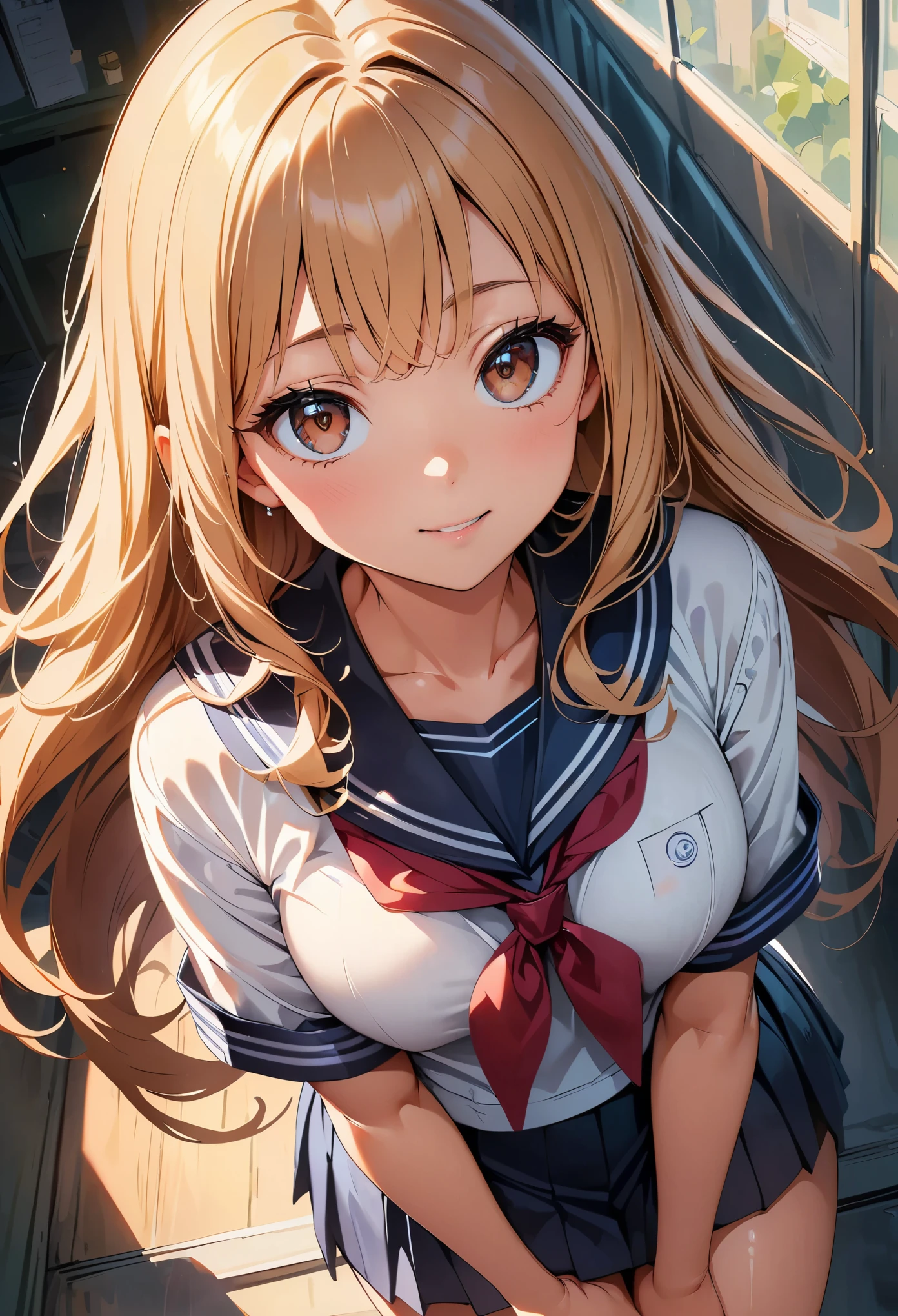 Tabletop anime character with long red hair and tie sitting on a bench, Highest quality, High resolution, Kitagawa Marine, One Girl, Blonde, Long Hair, Multicolored Hair, Red eyes, jewelry, Earrings, Earrings, school uniform, White shirt, tie shirt, Black choker, Blue tie, Checked skirt, Hands on hips, ,Grin, smile, Are standing, Cowboy Shot, Outdoor, Dark blue high socks Magic Mix Real、(RAW Photos:1.2)、(Photorealistic:1.4)、The beauty of beautiful details Delicate expression、Blondeの、((I can see your pants))(Squatting panchira)Earrings Eyelashes Beautiful and fine details、Large file size、Ultra-detailed、High resolution、Transcendental beauty Highest quality、masterpiece、、(Japanese high school girls uniform))、Extremely detailed representation grow、In detail、Highly detailed facial cinematic lighting、Two、Positive、((Dynamic Pose)))、(Sit with your knees bent))、Pleated skirt、blazer、Sexy upward glance、I am smiling at you