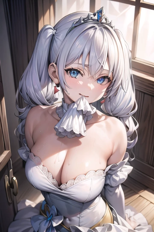 (from above:1.2),(from side:0.9), ((Face)), (Close-Up:0.4), ((looking at viewer, holding a bouquet to his mouth)), highest quality、(real、photorealistic:1.4)、(RAW photo:1.2)、very detailed CG unity 8k wallpaper, delicate and beautiful, wonderful, Fine detail, official art, disorganized, very disorganized, huge file size, Ultra-detailed, very detailed, very detailed girl, very detailed eyes and face, Bright on the face、(20 age girl:1.0)、small smile, smiling, miorine rembran, ahoge, (twintail hair:1.25), hair between eyes, hair twintails, (long hair:1.25), tiara,ruany,off-shoulder dress,pearl ,(gemstone),tiara,veil,wedding dress, wedding necklace, wedding long gloves, (luxurious bouquet), chapel, Stained glass,(best quality, highres, masterpiece:1.2), ultra-detailed, (realistic:1.37) illustration, erotic style, soft lighting, sweat glistening on her body, gentle warmth, dark and mysterious, small breast,narrow waist,(with sparkling eyes and a contagious smile),her thin pubic hair, looking at viewer,