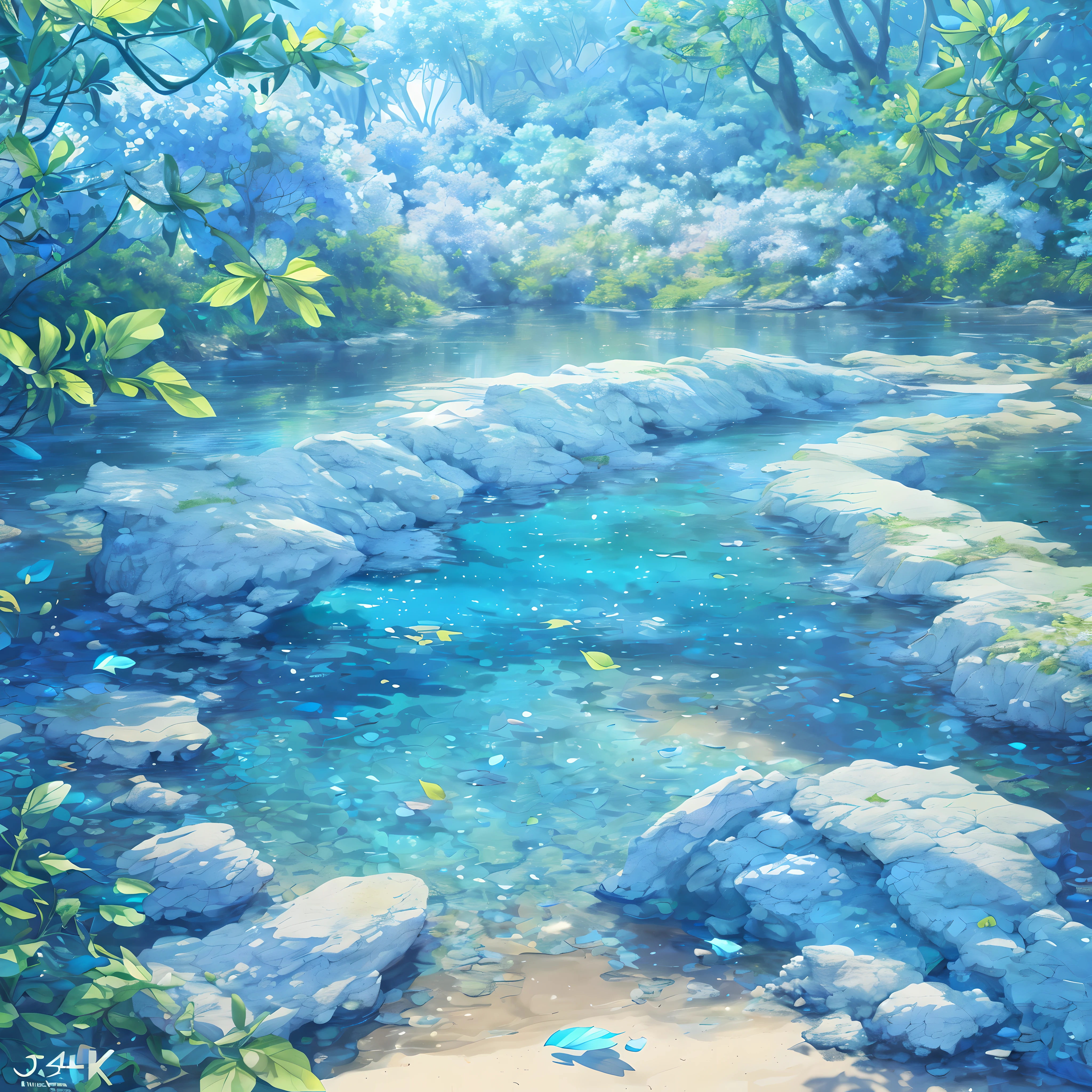 (best quality,4K,8K,high resolution,masterpiece:1.2), Super detailed, (lifelike:1.37), (CG:1.1) (best quality) Nature, blue sea with delicately colored tree leaves and flower petals falling in the air, Light tracing, Super detailed, (best shade) and (illustration).