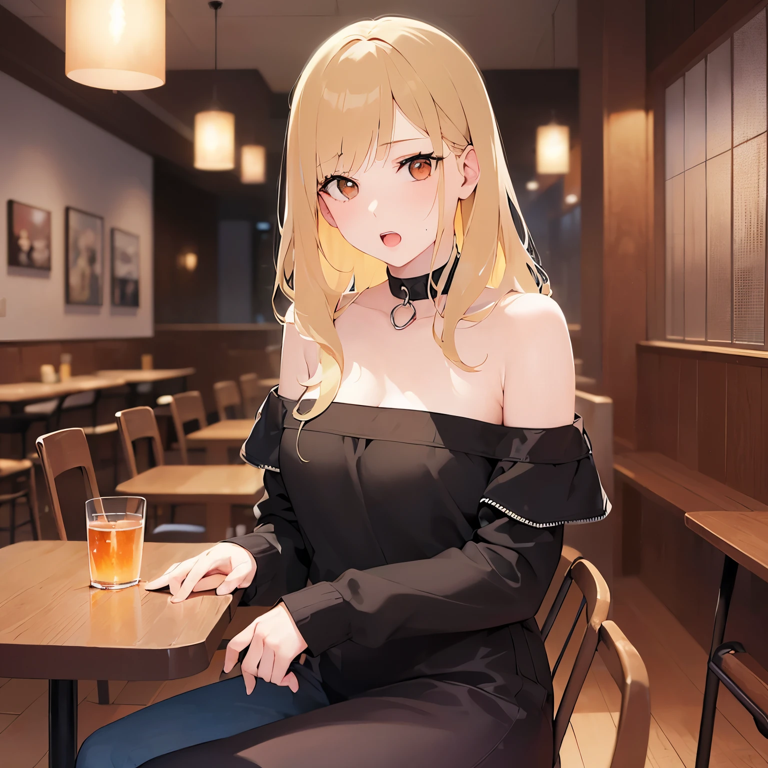 Upper Body, Realistic, real person, (pale skin: 1.2), RAW photo, photorealistic, portrait photography, shiny skin, japanese idol、shiny hair、(25 year old woman with medium hair with blonde bangs) and (wavy hair) and (orange eyes) , smile, She wears a black off-the-shoulder blouse、The background is a restaurant at night、Alone、sitting