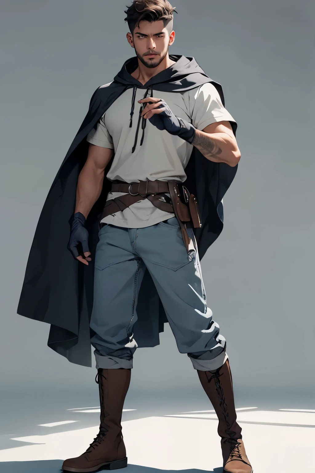 Design 1 man throwing a fireball.. 22 year old man with dark blue hood and cape.. Cabello gris claro Ojos luminosos. Vestido con una camisa blanca de botones, pantalones cortos verdes, brown gloves and belt and short brown boots. Crea un fondo helado, atacado por lobos ((mejorar rostro))((8k))((high quality))