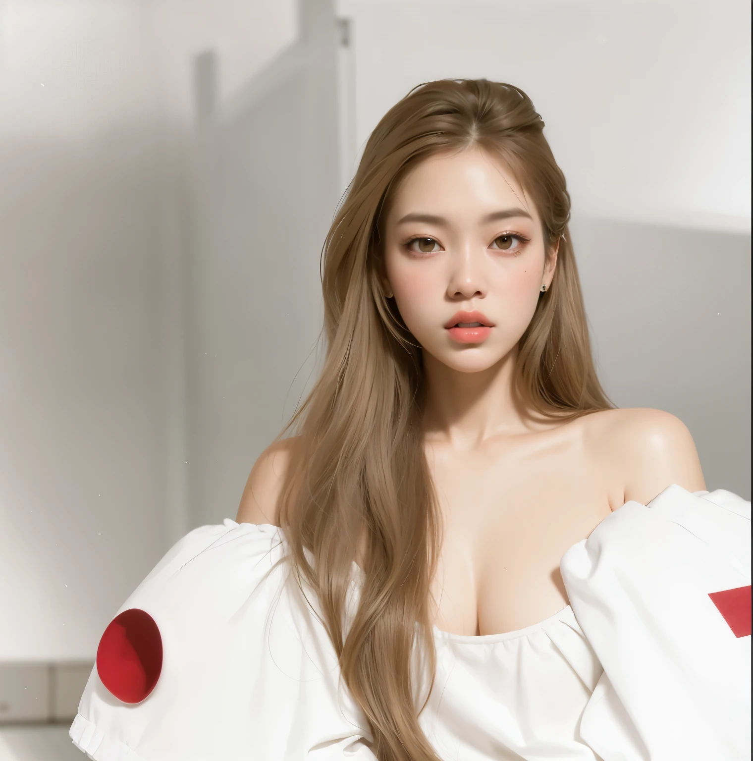 Mujer araffada con cabello largo con un vestido blanco y guantes rojos., jennie rosa negro, portrait of jossi de blackpink, inspirado en Yanjun Cheng, imagen filtrada, inspirado en Wu Bin, parque roseanne de blackpink, jossi de blackpink, inspirado en Kim Deuk-sin, obra de arte al estilo de guweiz, inspirado en Kim Tschang Yeul