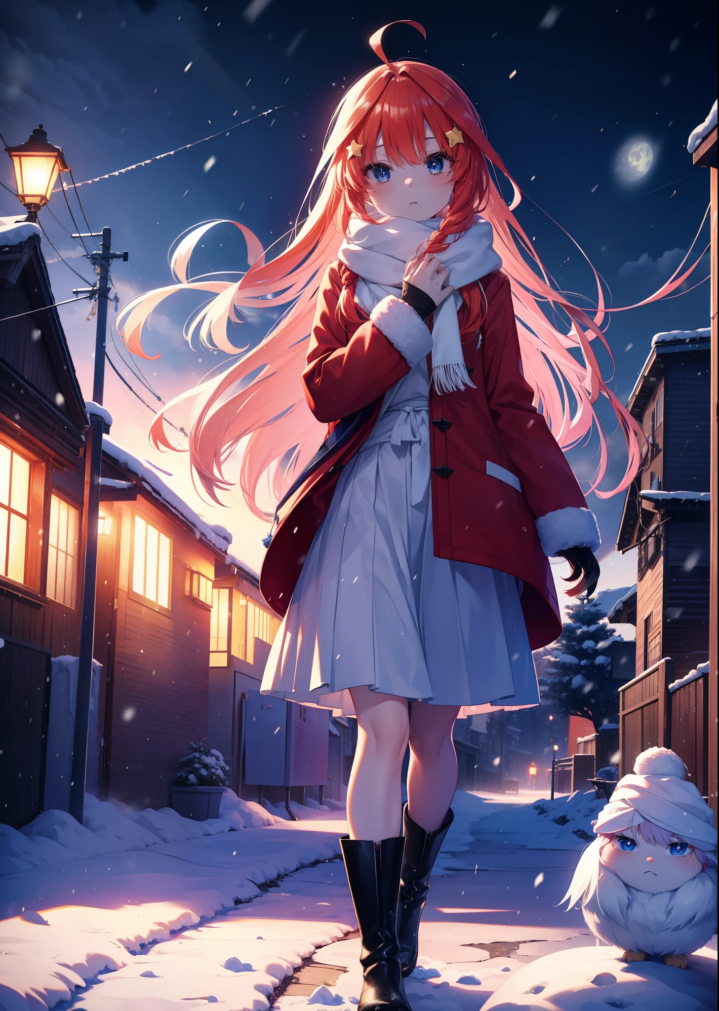 itsukinakano, itsuki nakano, bangs, blue eyes, hair between eyes, Ahoge, redhead, star \(symbol\), hair ornaments, star hair ornaments,red coat,short braided hair,white scarf,white sweater,He wears fluffy gloves on both hands.,long skirt,black pantyhose,short boots,It&#39;s snowing,It&#39;s snowing,winter,cold sky,moonlight,full moon,よる
break outdoors, In town,building street,
break (masterpiece:1.2), highest quality, High resolution, unity 8k wallpaper, (figure:0.8), (detailed and beautiful eyes:1.6), highly detailed face, perfect lighting, Very detailed CG, (perfect hands, perfect anatomy),