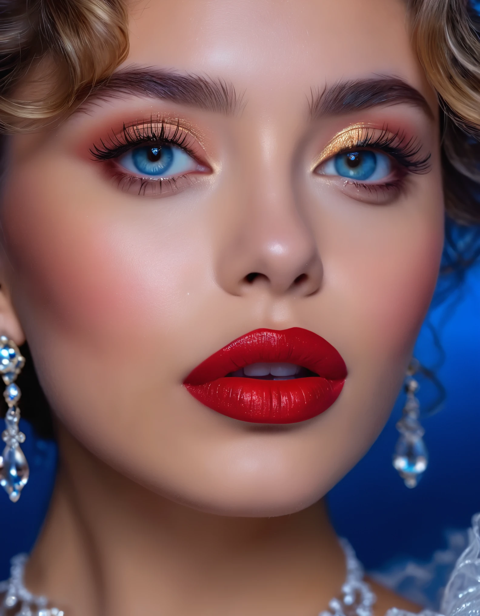(best quality,4k,highres,masterpiece:1.2),ultra-detailed,realistic:1.37,beautiful detailed eyes,beautiful detailed lips,extremely detailed face,long eyelashes,feminine appearance,graceful posture,tousled waves in her hair,bold red lip,serene oceanic blue backdrop,elegant attire,glamorous look,sparkling jewelry,portraits,vivid colors,soft natural lighting.