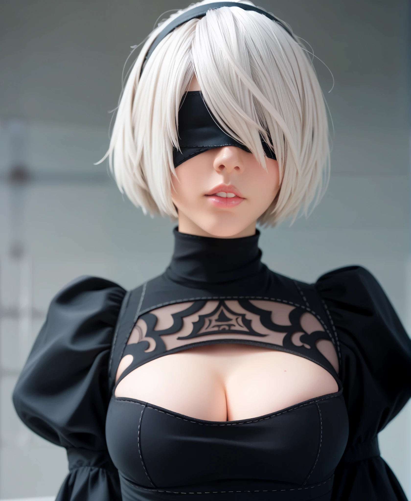 score_9, score_8_up, score_7_up, best quality, masterpiece,realistic, 
1girl, solo, blindfold, yorha no. 2 type b, black blindfold, upper body, puffy sleeves, dress, short hair, white hair, black dress, juliet sleeves, hairband, breasts, cleavage cutout, long sleeves, parted lips, turtleneck, clothing cutout, black hairband, medium breasts, covered eyes, mole under mouth, mole, lips, pink lips, nose, facing viewer, hair over eyes, teeth