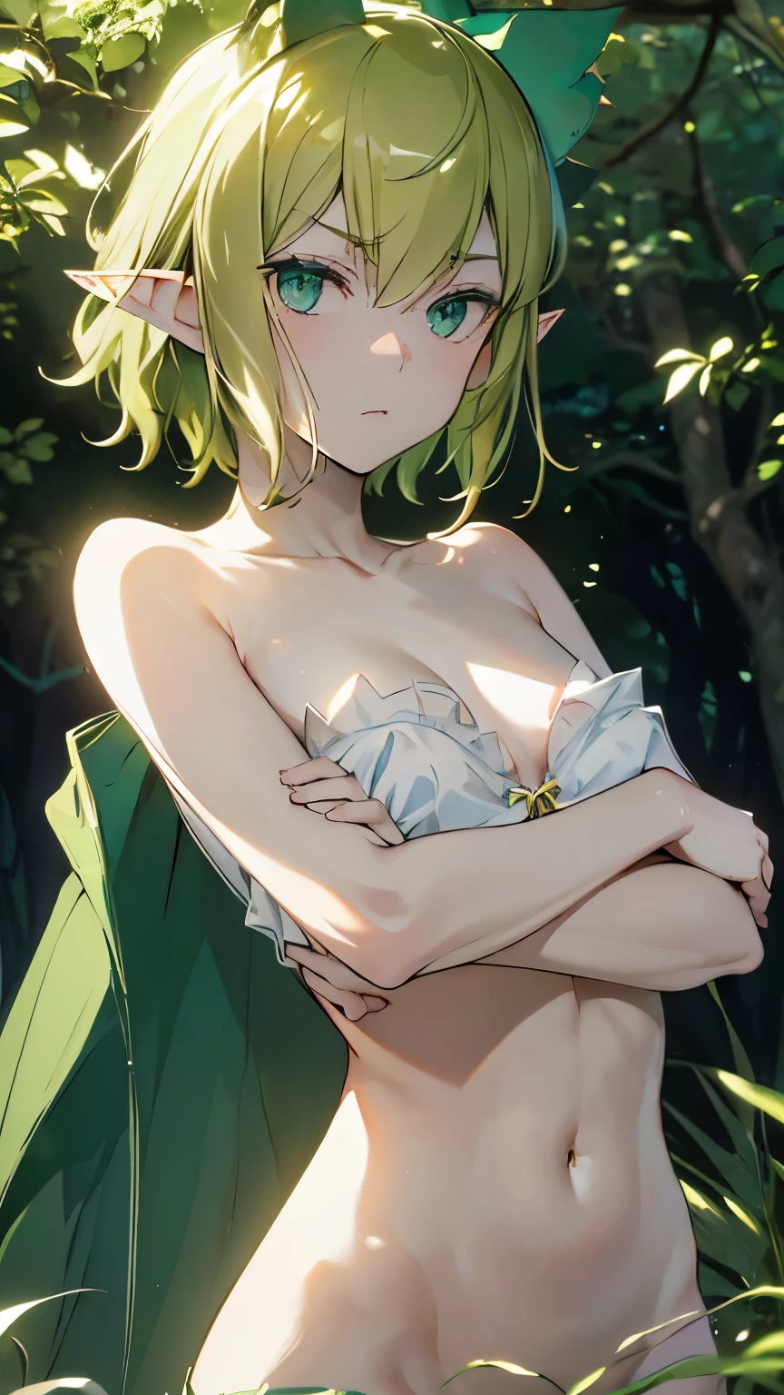 masterpiece, 1 girl,((extremely small breasts))、((very small breasts))、((A-cup size breasts)), high quality, exposed skin,、yellow green short hair、elf、delicate body、slender body、Completely naked、in the forest、solid and beautiful eyes、grumpy face、(8K)、(wallpaper)、(official)