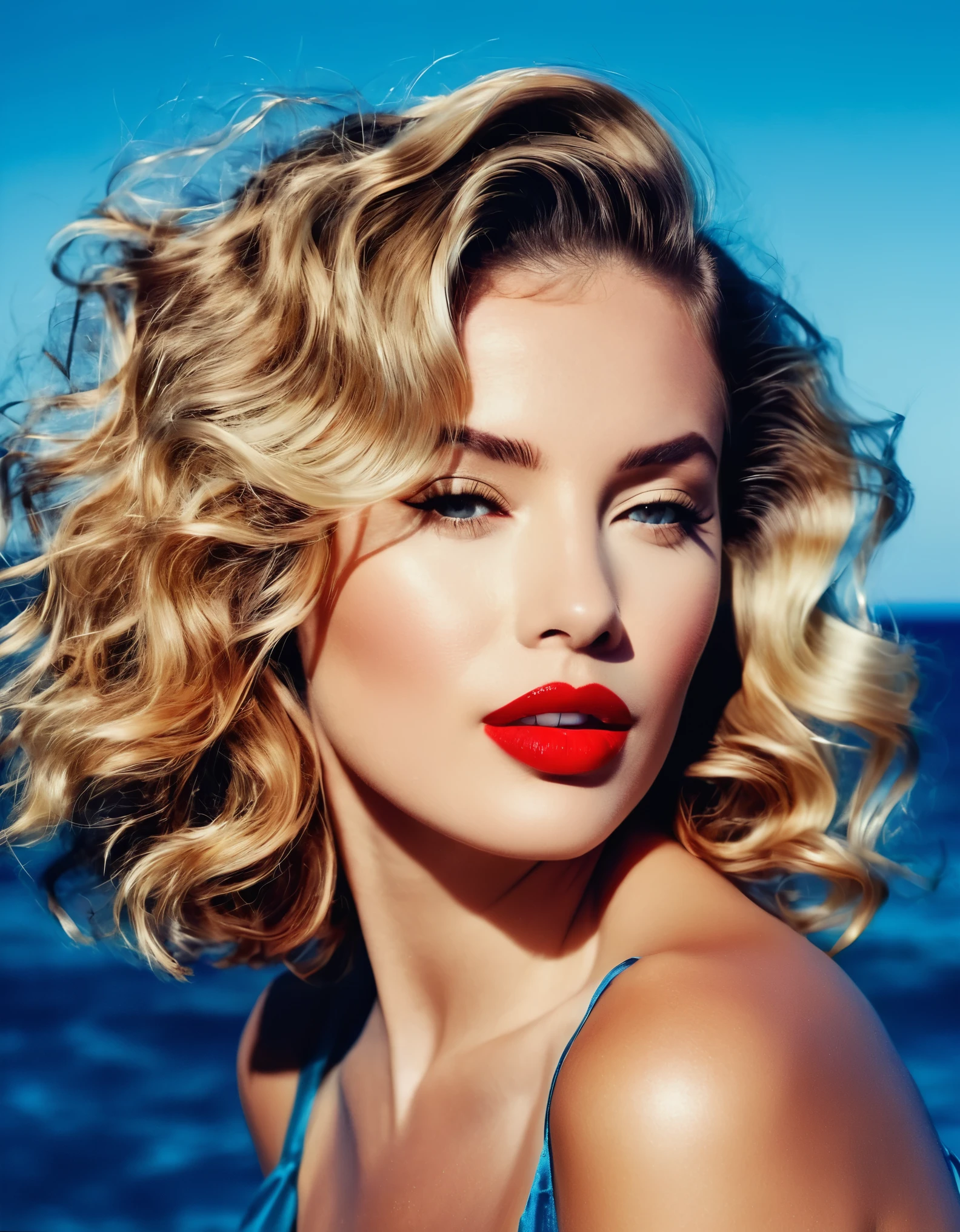 A glamorous woman with tousled waves and a bold red lip, set against a serene, oceanic blue backdrop.