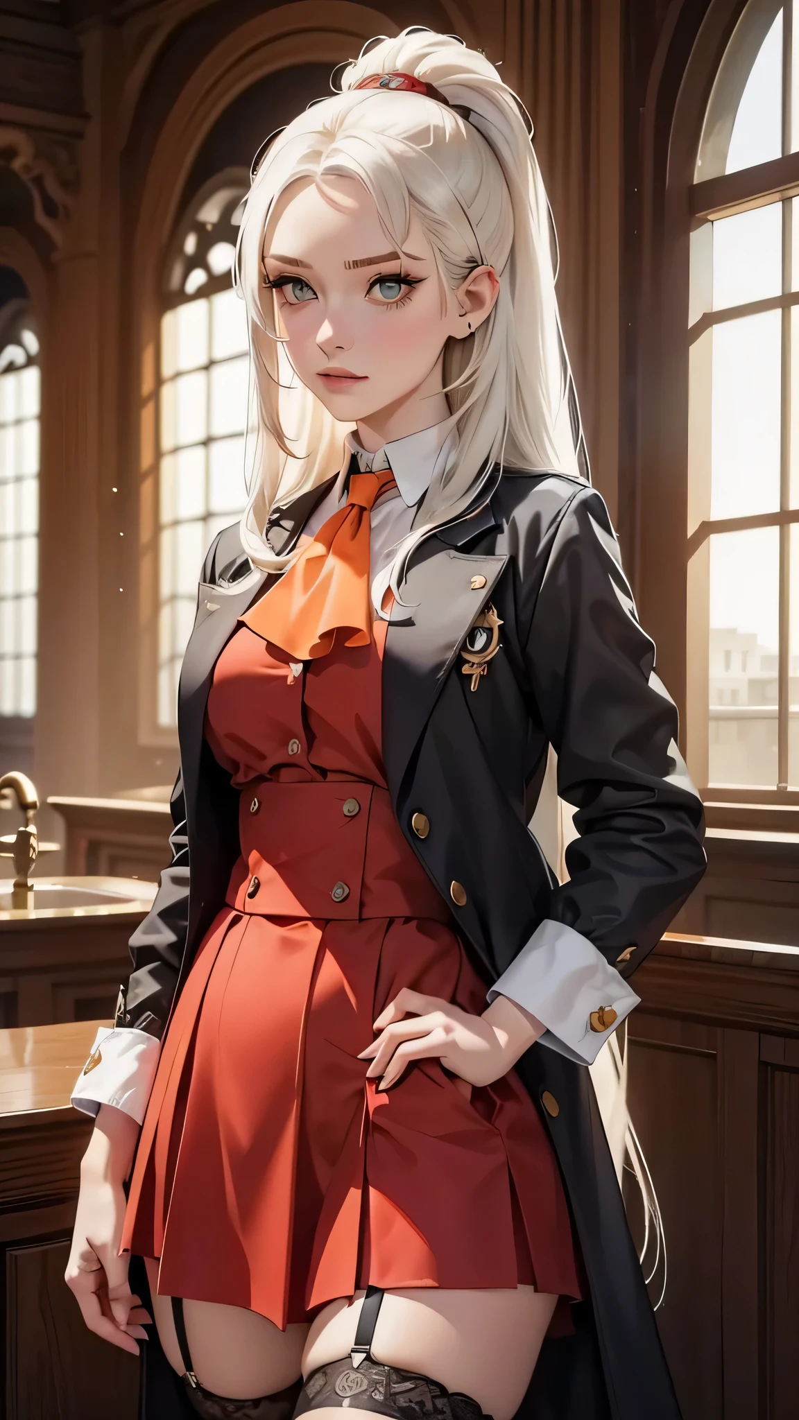 (highest quality:1.2, masterpiece:1.2, High resolution:1.2, olga marie:1.2, Gray-haired beauty:1.2, orange eyed witch:1.2, long hair siren:1.2, long eyelashes:1.2, long sleeve jacket:1.2, red ascot:1.2, dress:1.2, skirt:1.2, stockings:1.2, very long hair:1.2, cowboy shot:1.2,
A mesmerizing portrait of olga marie, Adorned with timeless beauty